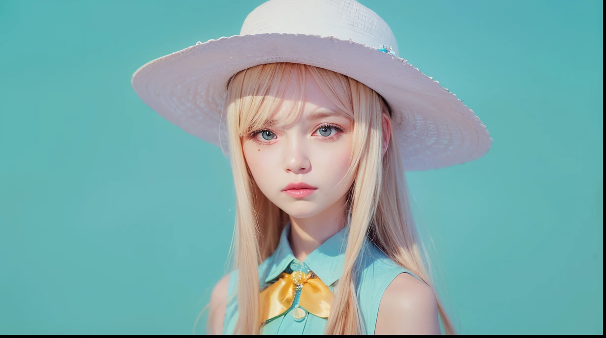 Girl, blonde long hair, cyan one-piece dress with yellow ribbon, white hat
