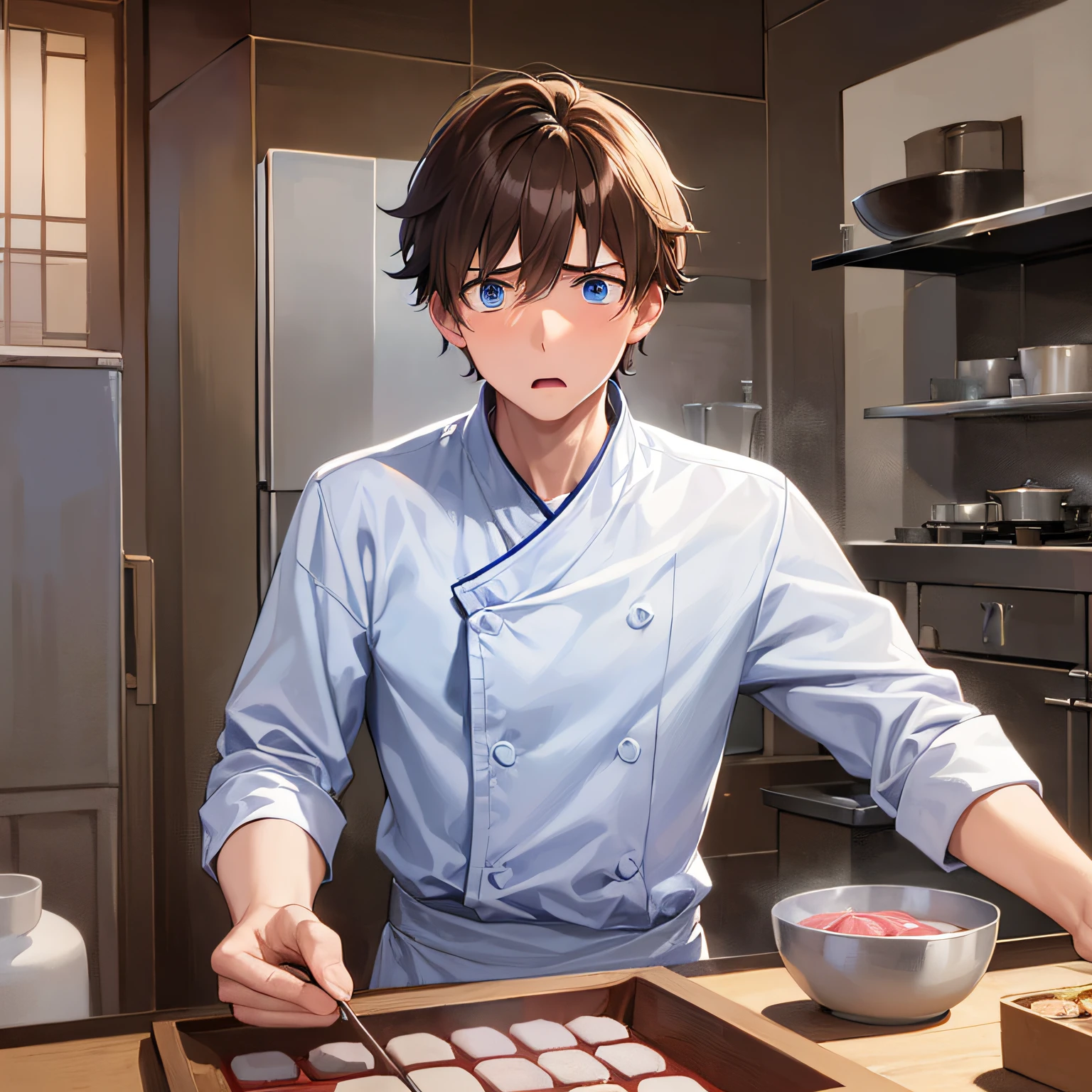 masterpiece、hightquality、25 year old man with short brown hair and blue eyes、Like a cartoon in Japan、wearing a white chef's uniform、(Alone:1.5)、(Very surprised expression:1.5)、(Only the upper body is shown.:1.3)、The background is the kitchen、Making sweets、Bold composition、