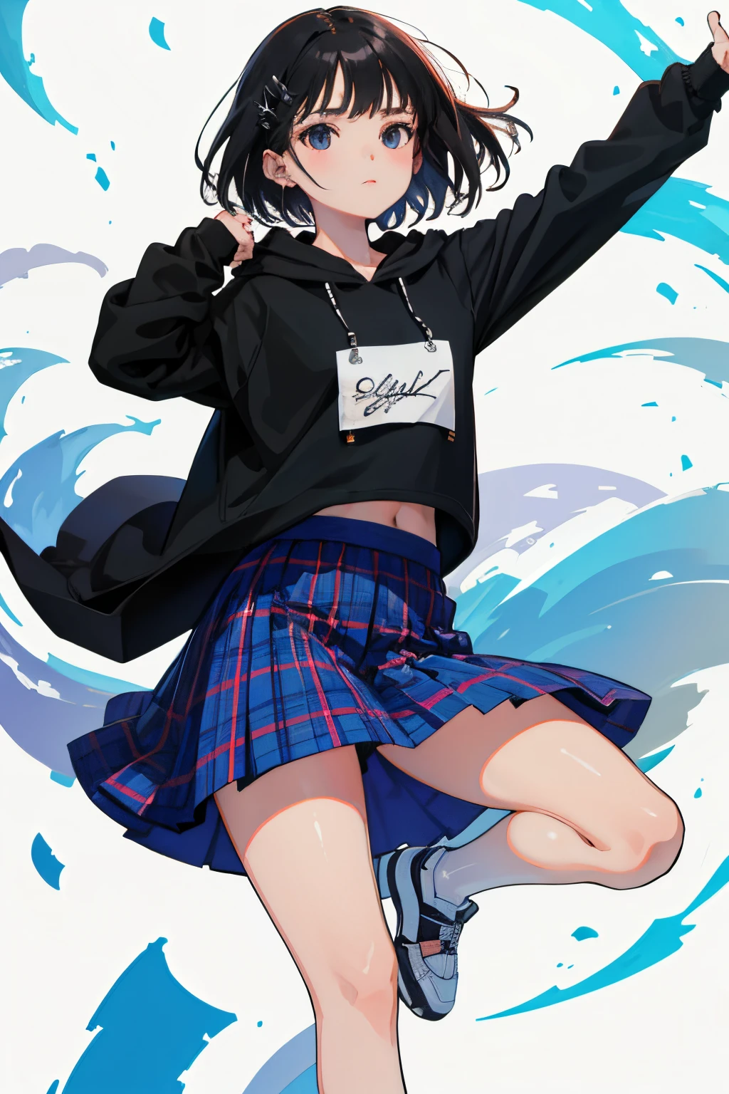 (child:1.2),(masterpiece,Highest Quality),Short sleeve hoodie,plaid skirts,A dark-haired,The wind is blowing,World of toys