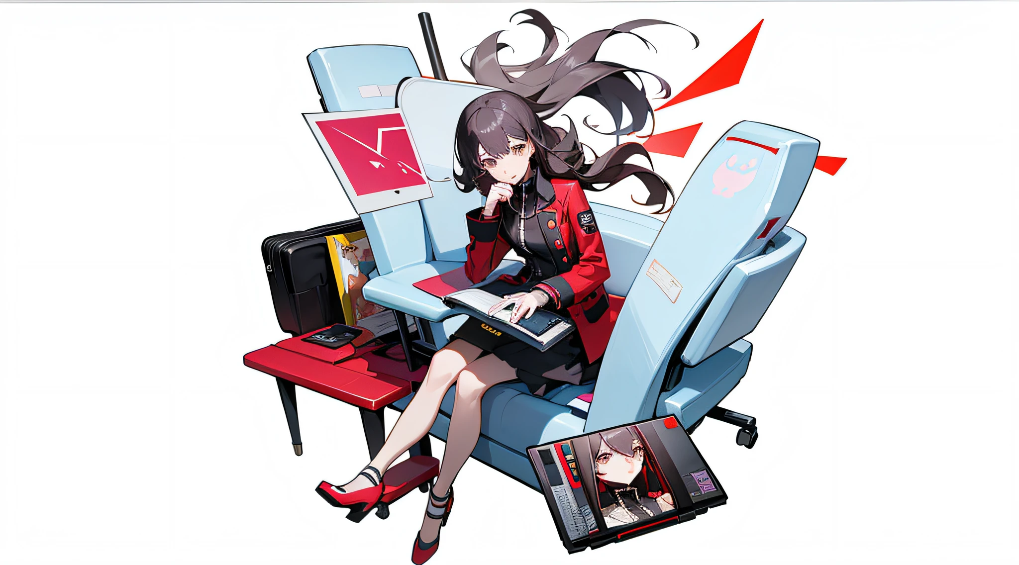 Anime style woman sitting on chair,With laptop and suitcase, Digital art on Pixiv, From the maiden front, pixiv 3dcg, Official artwork, anime artsyle, pixiv, Shoujo Frontline CG, persona 5 art style wlop, anime artsyle, digital art from danganronpa, finely detailled. Girl Front, Anime 3D Art