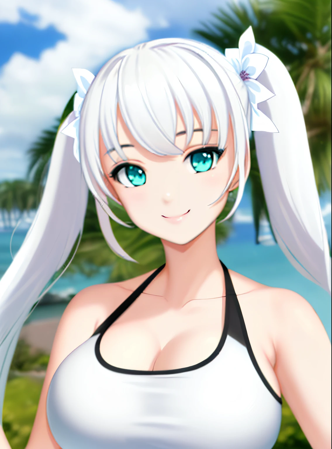 masterpiece, (best quality:1.4), detailed, girl, (solo), (white hair:1.2), (medium twintail hair:1.3), (sidelocks:1.1), (bangs:1.1), (large breast:1.3), ribbon, (aqua eyes:1.2), (smile:1.2), flower on head, upper body, (tank top:1.0), (hot tank top:1.2), (looking at viewer:1.2), sexy, detailed eyes, detailed hair, highres, outdoor, sky, (lighting:1.2), high details