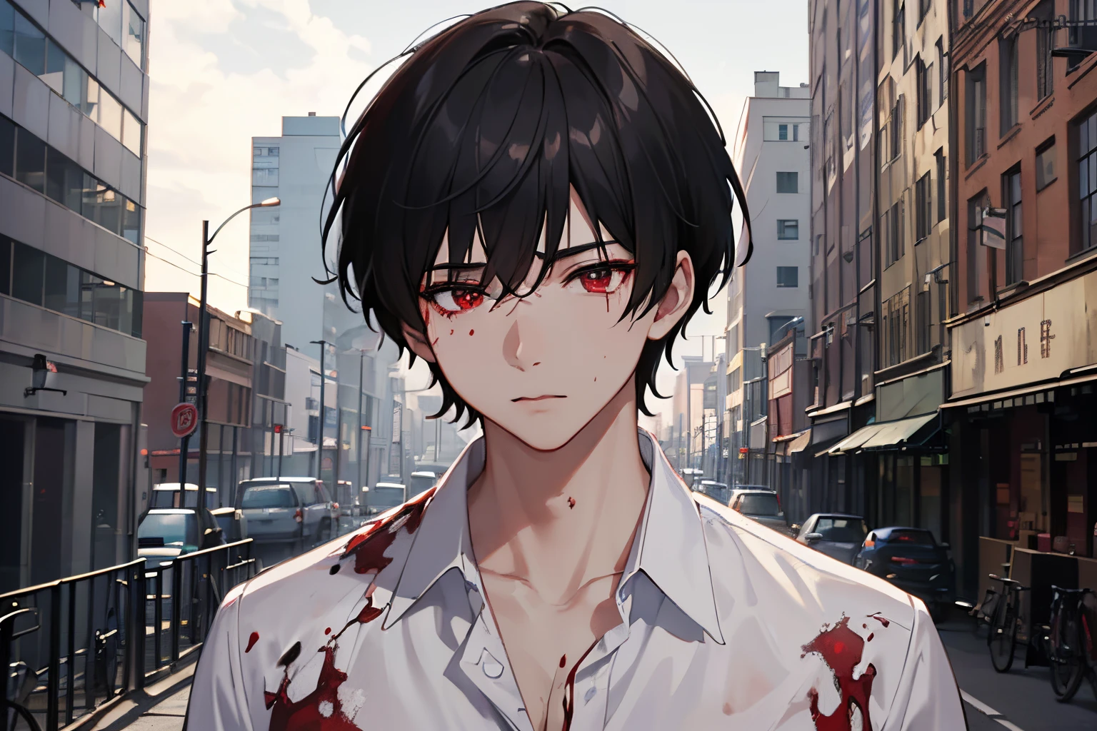 masterpiece, best quality, 1boy, black hair, red eyes, formal white shirt, ripped clothing, covered in blood, messy face, destroyed building, burning building, fire, sad, detailed eyes, detailed facial features, realistic and high resolution (best quality, 4k, 8k, highres, masterpiece:1.2).