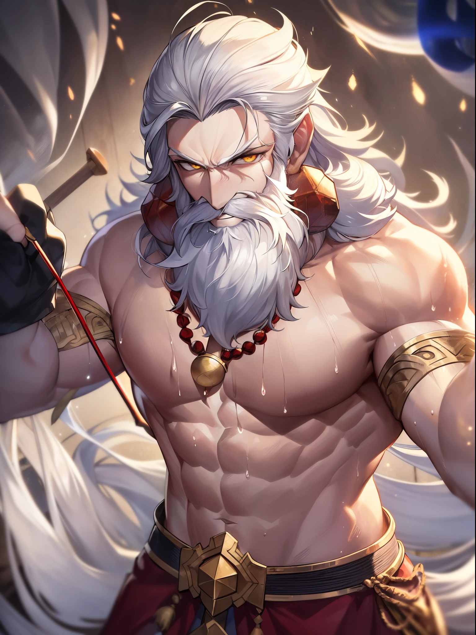 Outrageous resolution、masutepiece++,top-quality++,ultra-defined++, ultra-defined++,4K++,8K++,(Background Focus)++, Highly detailed, Viewer's Perspective、((Shangri-La))++、((1old human hermit))++, ((hermit costume)), ((((hermit costume))))++++,(Old hermit riding a white cloud)、(Old hermit riding a white cloud)、(Old hermit riding a white cloud)、(((A hermit grandfather with muscular muscles)))+++,(((Wooden cane)))++++, (((Wooden cane)))++++, ((Gentle smile))+ +,((Muscle Mukimuki) ++,((Muscular old hermit))++,(Combat stance) +,(Sharp eyes)、((Long white beard))++(white hair)、(The long-haired)、(Yellow eyes)、(Super shiny hair and skin), (Sunlight),((Beautiful)), +, A lively smile, Perfect eyes, Perfect hands, Perfect nose, Magic Battle Dark, Bright atmosphere, (wet effect) +, (light effect), (Cinematic Light) + , (Like a movie of light) +