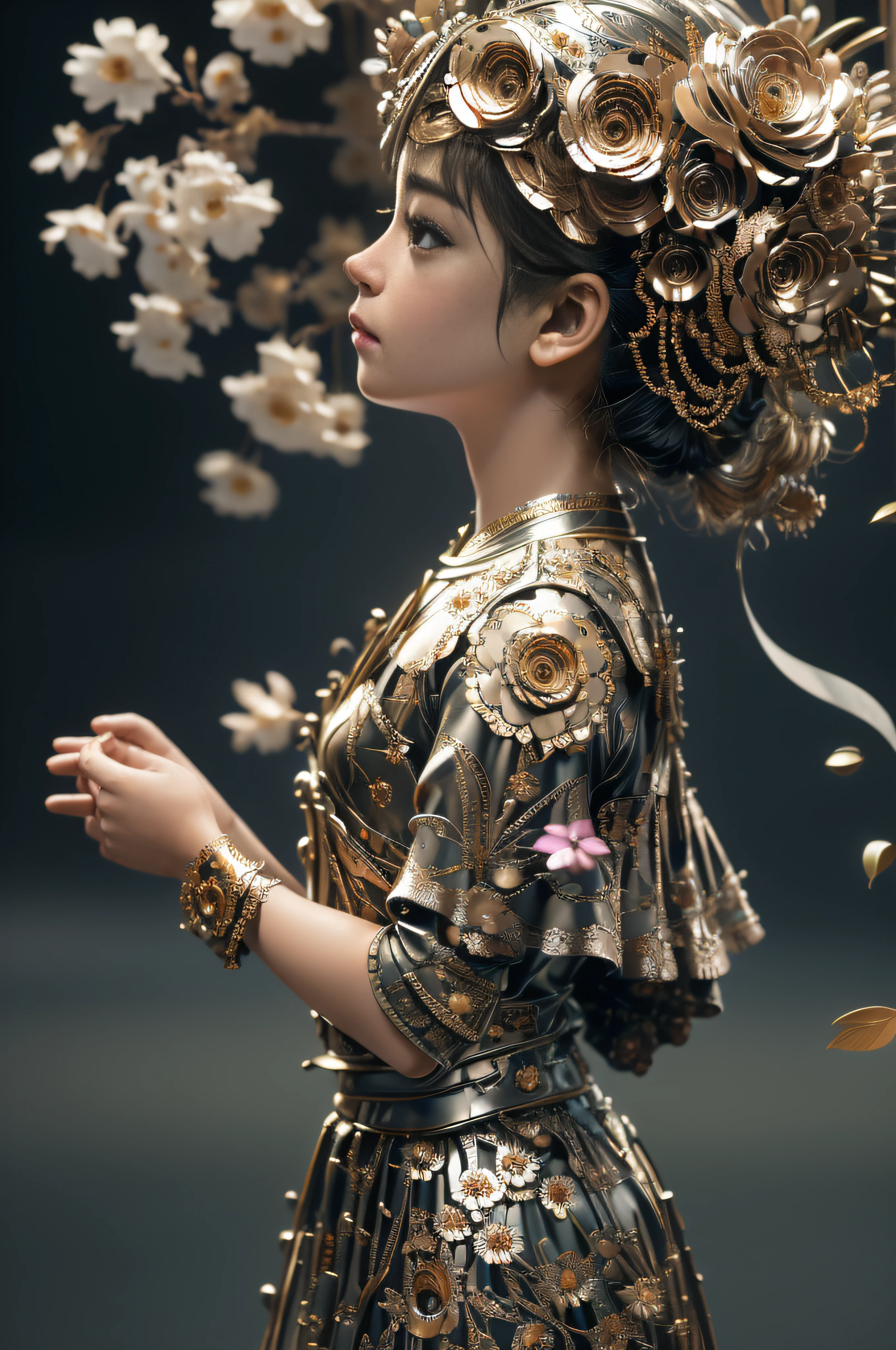 best quality, 8k, masterpiece: 1.2, ultra-detailed, realistic: a metal girl flower (shiny petals, delicate craftsmanship, detailed engravings, shimmering reflections).