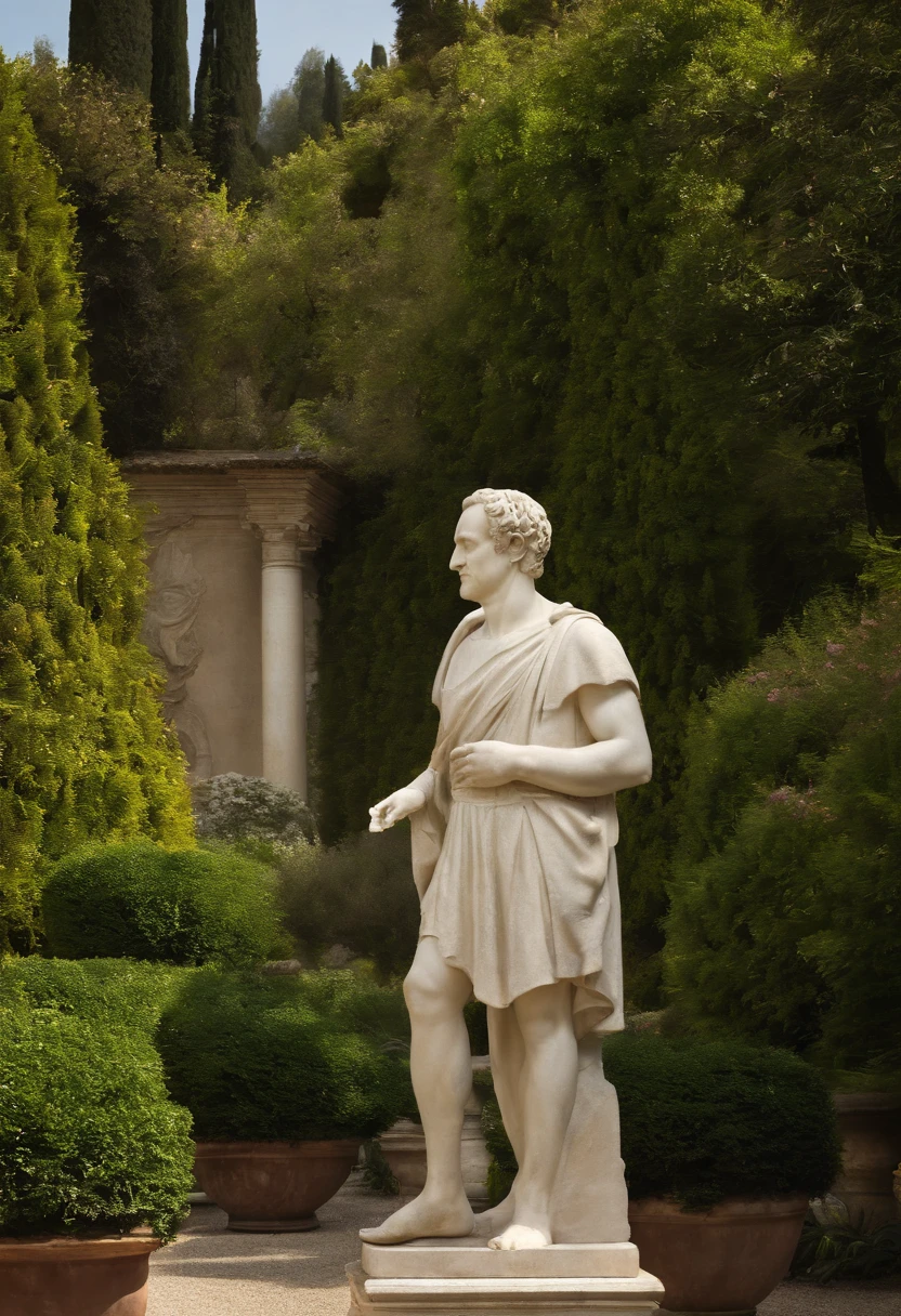An image of Marcus Tullius Cicero enjoying a leisurely morning walk through the enchanting gardens of Villa d'Este, surrounded by the beauty of nature.,original,Marcus Tullius Cicero has a slender and tall build with a prominent forehead and high hairline. He has a long, thin face, a straight nose and a sharp chin. He has expressive and animated facial expressions. Meticulous in his appearance. Often wears a Roman Toga. He pays attention to his hair and beard.
