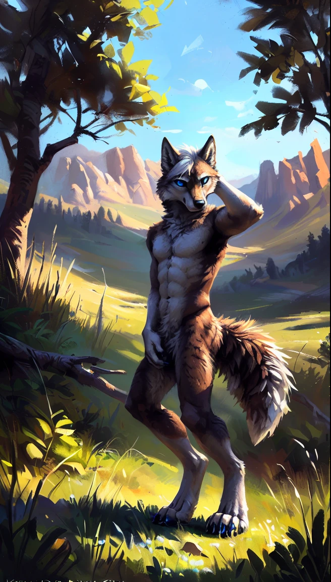 ((Solo)), male people, anthro wolf, (Multi-colored fur, White-brown:1.3，White tail pointed), (Height 2.1m,Tail length 1.5m), ((Wolf face, White hair, Big eyes, White eyelids, Blue pupil, Slim:1.2) (Tough, Calm expression:1.2)), Abs, Slim, pinging)), (Correct anatomy), Naked all over the body,A long big tail，Feet，(Realistic fur, Detailed fur texture, labeled:1.3)), (Natural lighting), Photorealistic, Hyperrealistic, ultradetailed, by Kenket，Endless grasslands，No artifacts