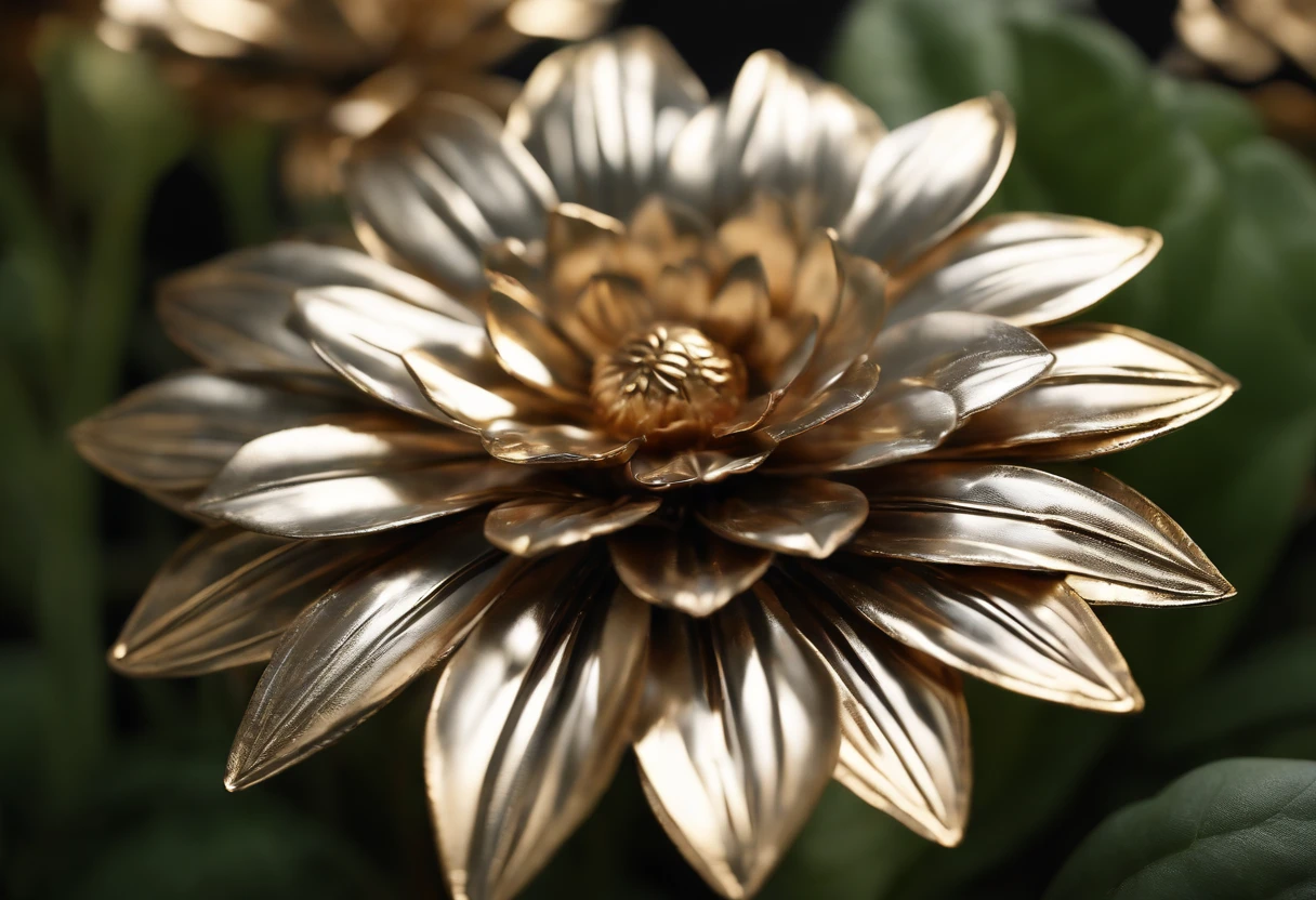 (detailed metallic flower, shiny metallic petals, delicate steel stems, realistic, photorealistic: 1.37), industrial, botanical, craft, ornate design, macro photography, vibrant colors, soft lighting, unique composition, contrasting textures, daylight