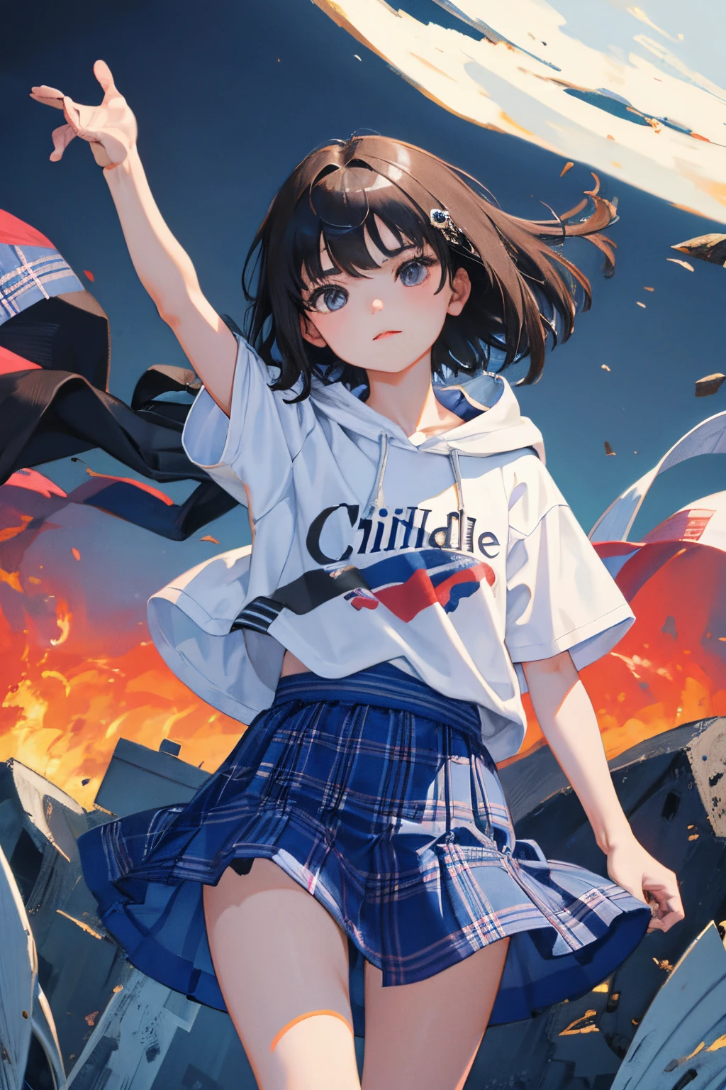 (child:1.2)，（​masterpiece，Highest Quality），Short sleeve hoodie，plaid skirts，A dark-haired，The wind is blowing，World of toys