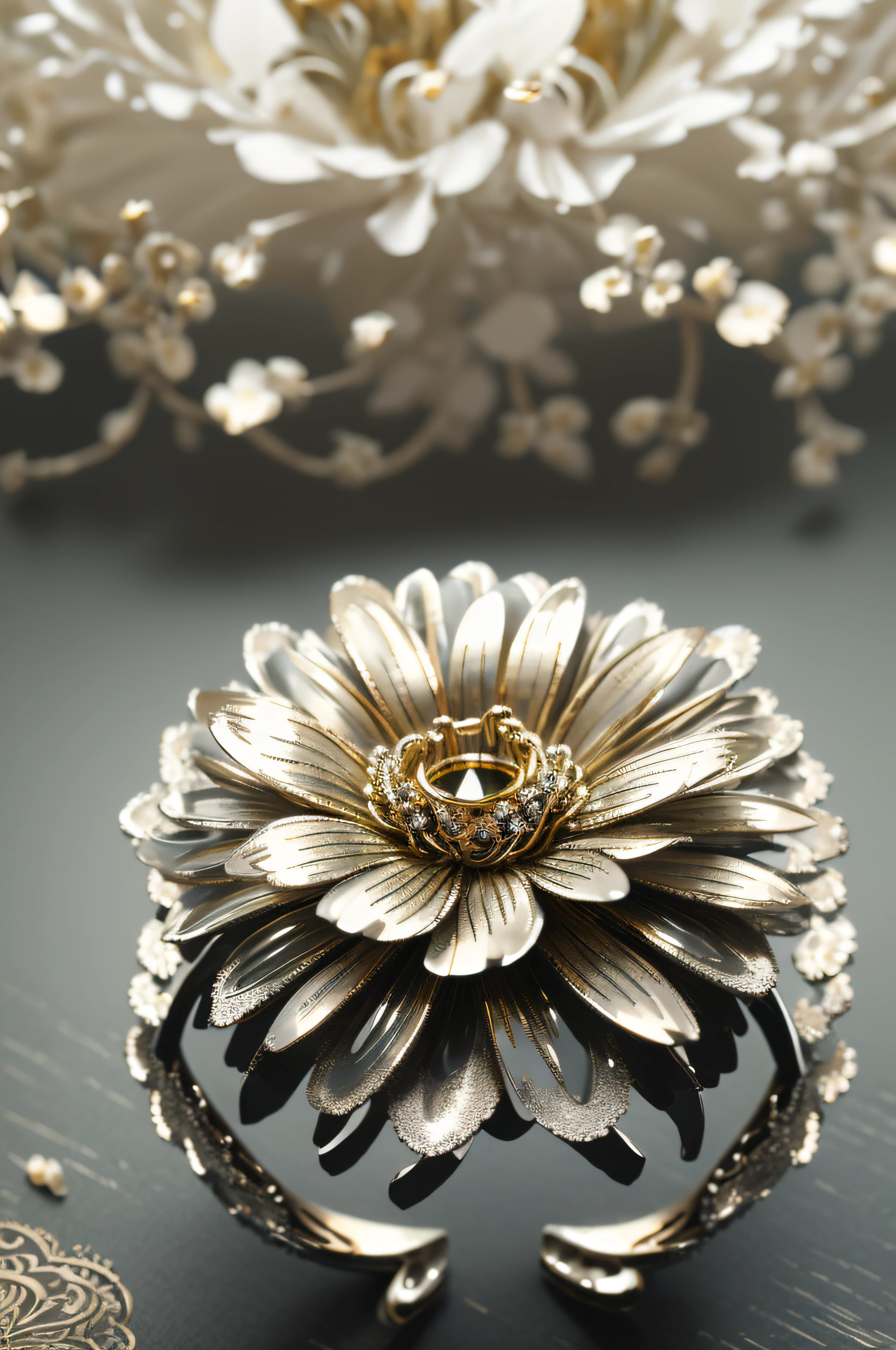 best quality, 8k, masterpiece: 1.2, ultra-detailed, realistic: a metal flower ring (shiny petals, delicate craftsmanship, detailed engravings, shimmering reflections).