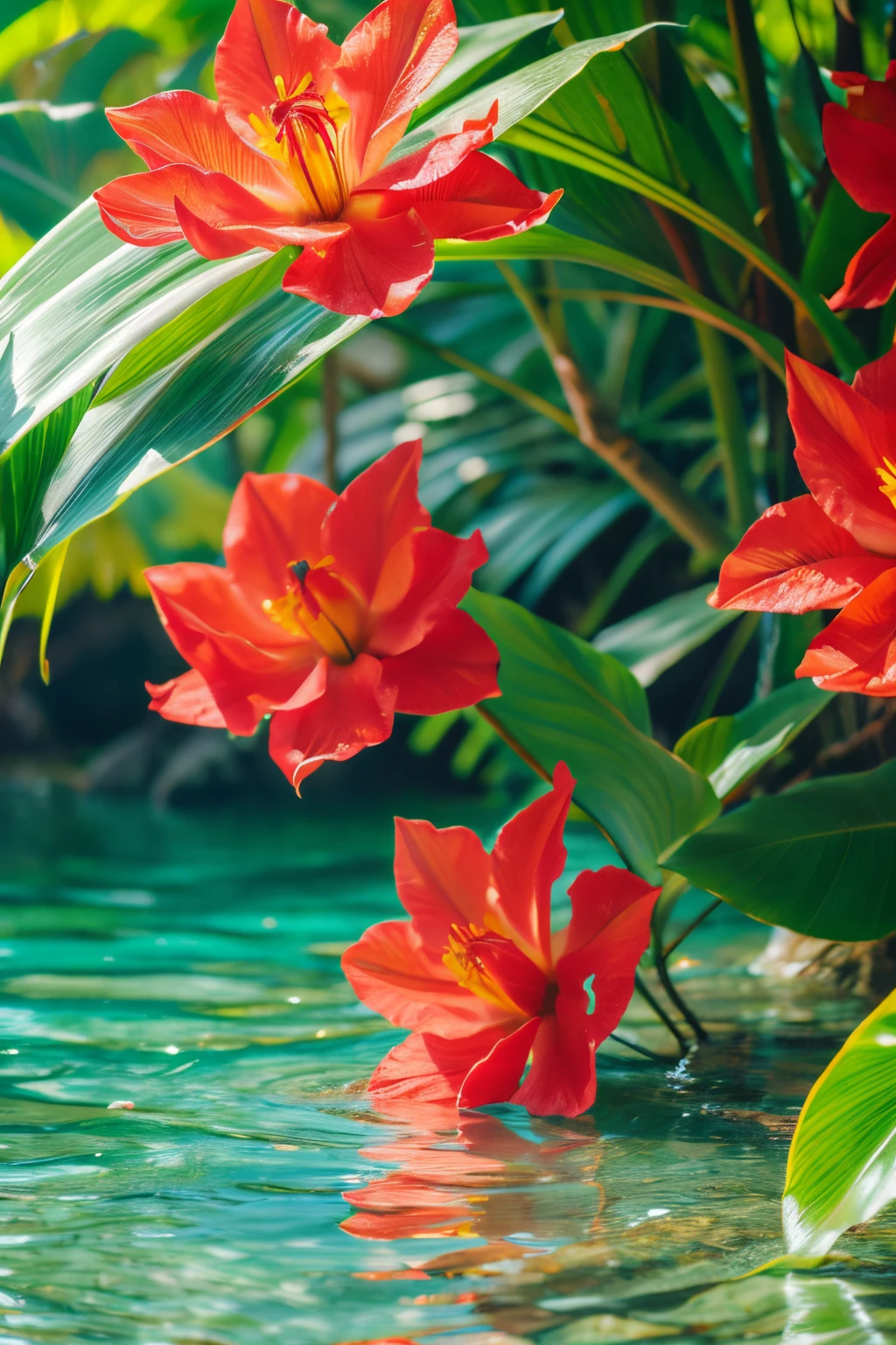 (best quality,highres:1.2),ultra-detailed,realistic,professional,tropical island marsh,quietly blossoming, bright red flowers with petal-shaped lips,tropical plants,tropical atmosphere,stunning colors,crystal clear water,soft sunlight,serene background,tropical paradise.