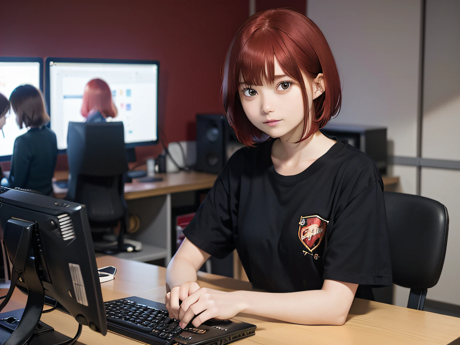 masutepiece, of the highest quality, 1 Lady, 20yr old, Red hair,((short-hair)), ((computer lab))