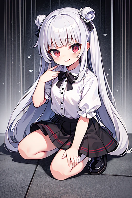 8K quality，silber hair,Red-eyed girl,Cute  Turtle ,long whitr hair,Heartwarming,mini-skirts,Lolita prostitute,A smile,Thumbnail style，Shirt with rain pattern cut by black clouds，fluffy ,FULL-BODY ESBIAN,embarrassing expression