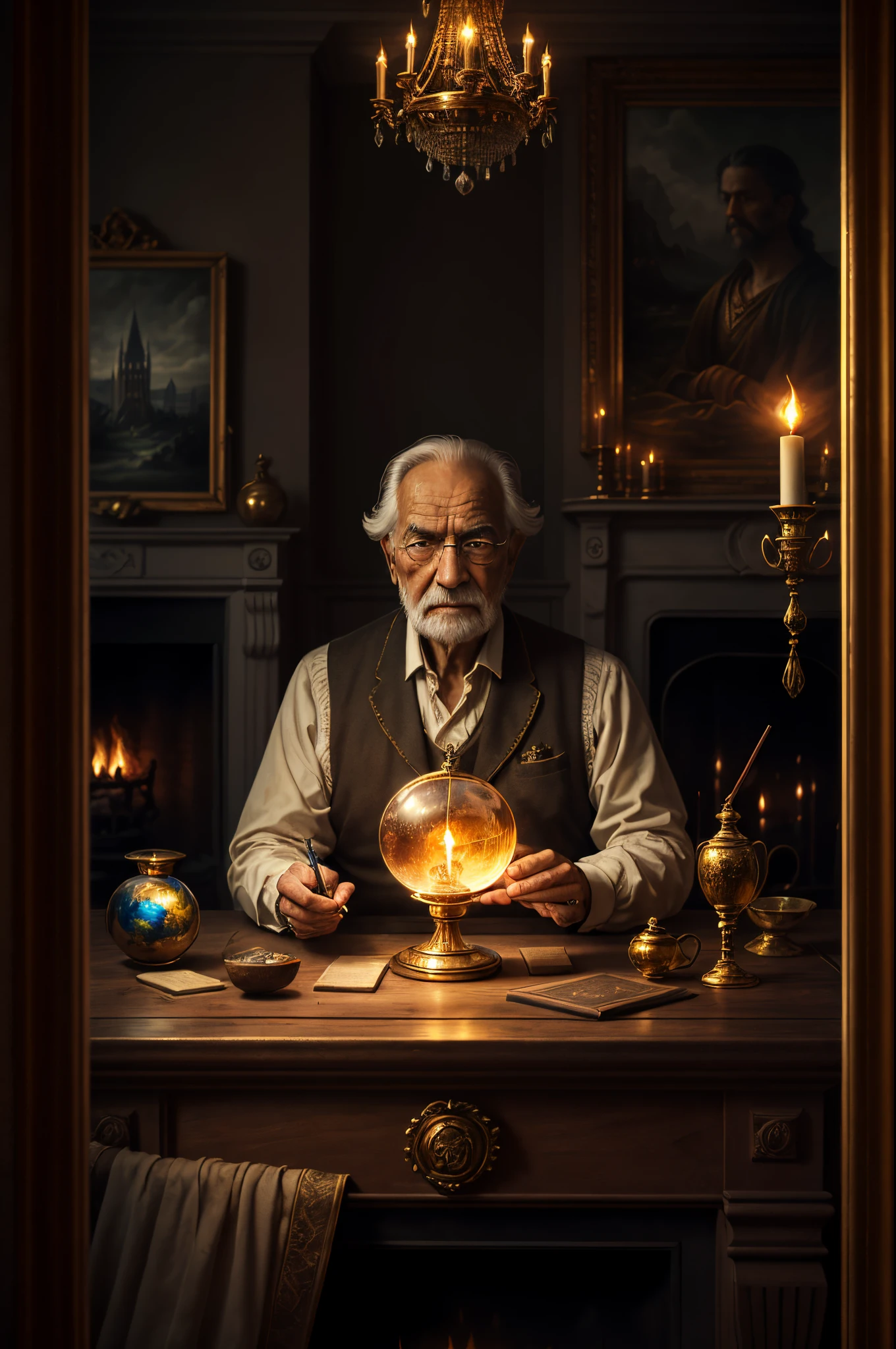 (best quality, highres), realistic, detailed, oil paint style, dark and moody lighting, intense gaze, serene expression, wrinkles on his face, lined with wisdom, a golden scepter resting on the table, a book with ancient symbols, a fireplace crackling in the background, shadows dancing across the room, a faint scent of incense in the air, aged wooden furniture, a vintage clock ticking, a hint of mystery in his smile, a painting of a distant castle hanging on the wall, a crystal ball reflecting visions of the future, a framed portrait of a loved one, a dimly lit chandelier casting a warm glow, a hint of magic woven into the scene.