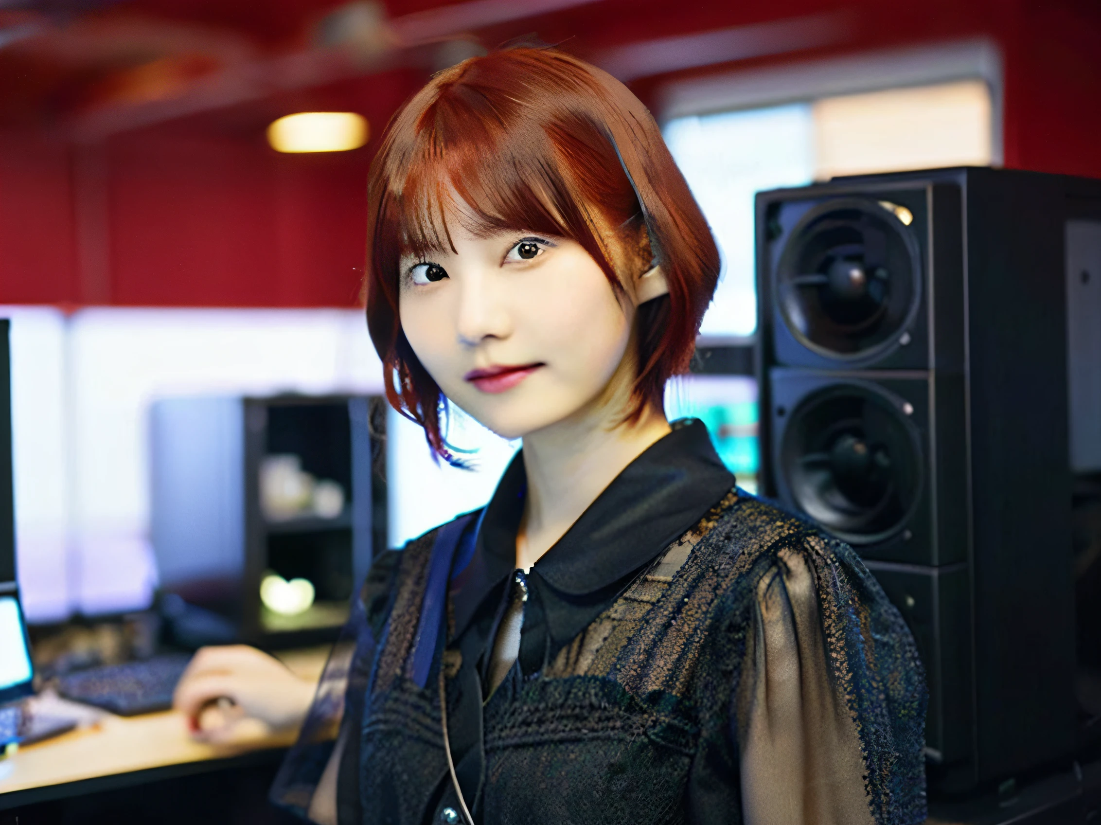 masutepiece, of the highest quality, 1 Lady, 20yr old, Red hair,((short-hair)), ((computer lab))