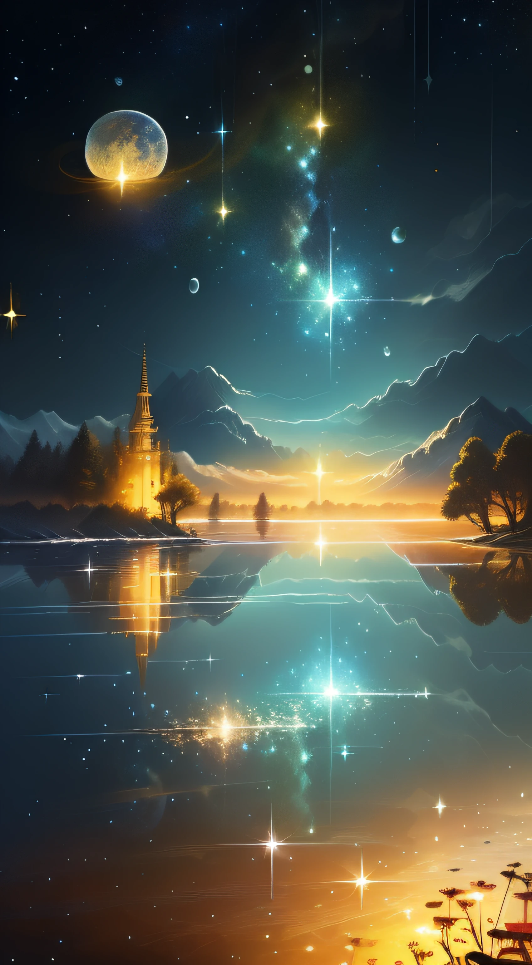 Twinkling stars, stars sparkle in the night, Twinkling stars, stars shining bright, Sparkling stars are scattered everywhere, glowing stars, Fireflies and sparkling wisps, Glass - reflection - stars, shining star, beauttiful stars, meteors, beauttiful stars, As estrelas, magic realism, stars sparkle in the night, stars reflecting on the water, Twinkling stars, Twinkling stars, stars shining bright, glowing stars, Sparkling stars are scattered everywhere, Fireflies and sparkling wisps, very magical and dreamy, (tmasterpiece:1.2, best qualtiy), (ultra - detailed), (illustratio), (超高分辨率), (Exquisite illustrations), (hyper-detailing), (super detailing:1.3), profesional lighting, cinmatic lighting, (Nostalgia and tranquility:1.3), Natural Major(landscape), Moon illumination, moonlight on leaves