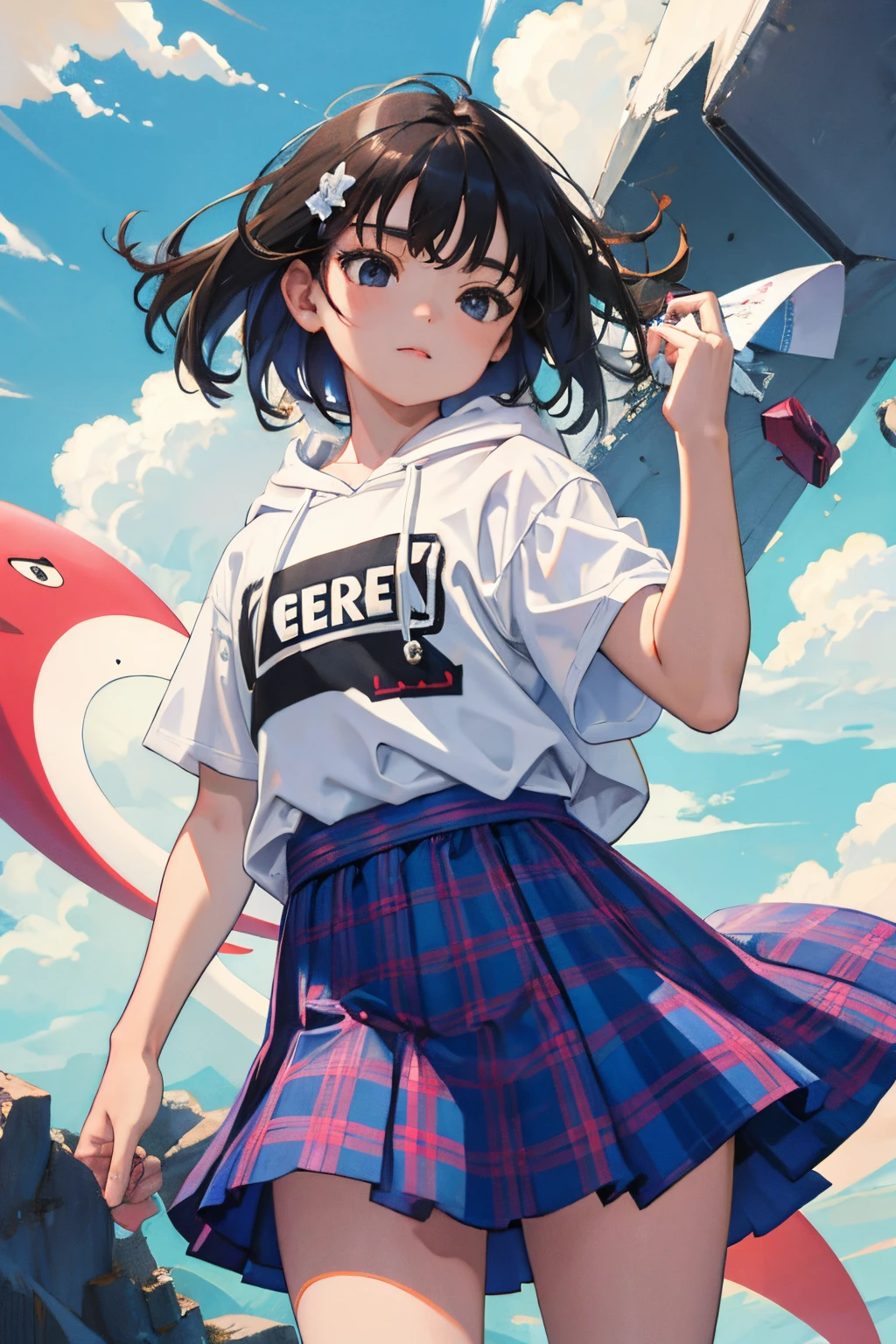 (child:1.2),(masterpiece,Highest Quality),Short sleeve hoodie,plaid skirts,A dark-haired,The wind is blowing,World of toys