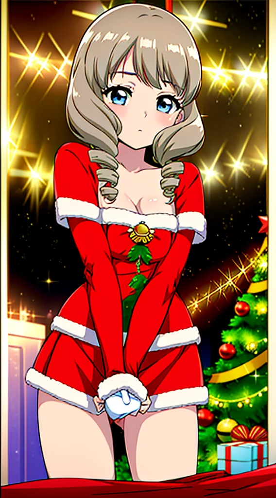 masterpiece, best quality, 1 solo girl, grey hair, blue eyes, long hair, wavy hair, Christmas ornaments, medium breasts, mature body and face, red christmas dress, christmas, christmas light, christmas tree, red gloves, red santa skirt, holding gift, red bra, red panty, leg up, cowboy shots, sexy pose, dakimakura, detailed body, face, and eyes, sharp focus, vibrant, creative, dynamic, high definition, high resolution, 8k, (Upscale: R-ESRGAN 4x+ Anime6B), (Image enchance:4x), voluptuous body, twin drills