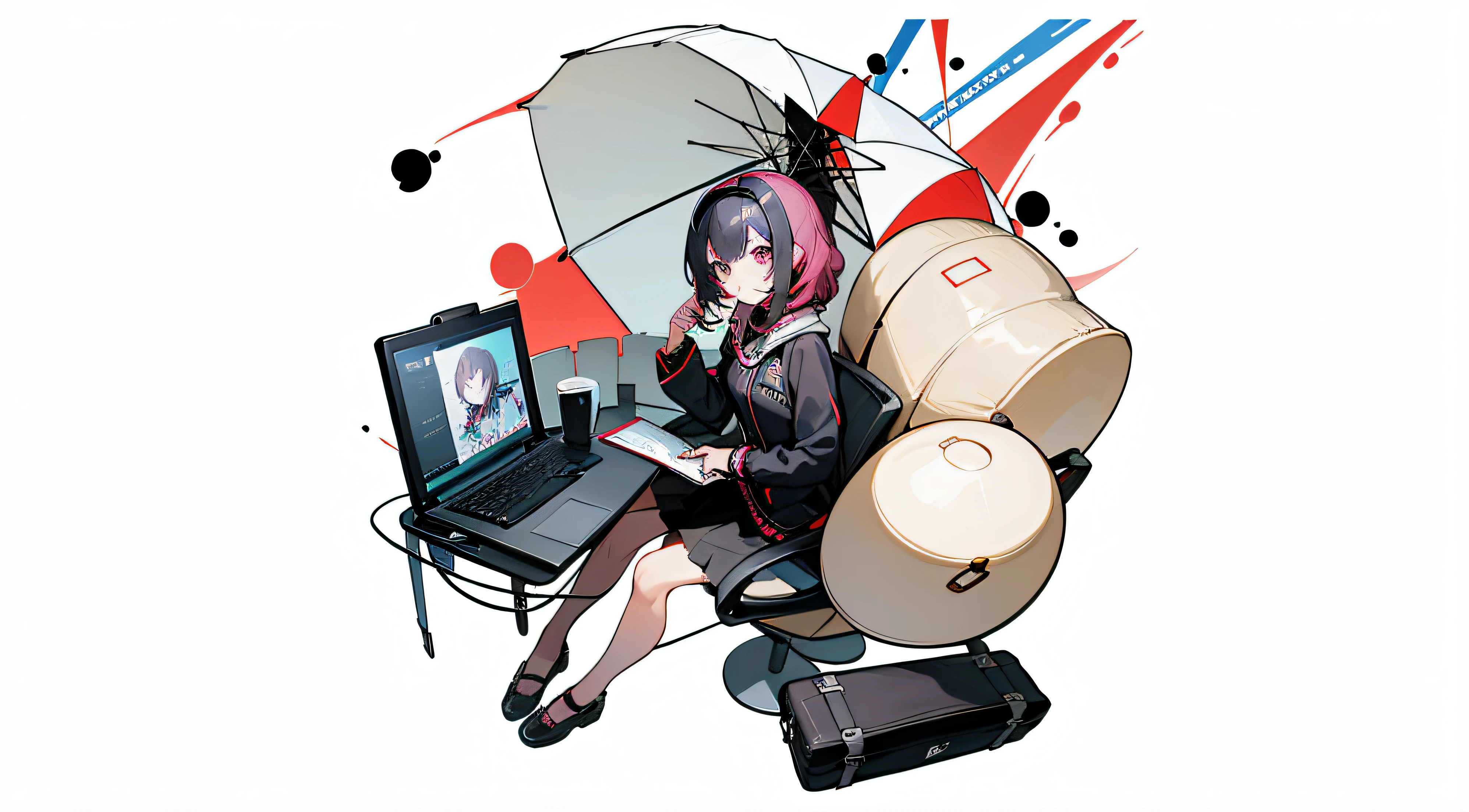 Anime style woman sitting on chair,With laptop and suitcase, Digital art on Pixiv, from the girl, pixiv 3dcg, Official artwork, anime art style, pixiv, Shoujo Frontline CG, persona 5 art style wlop, anime art style, digital art from danganronpa, Detailed pubic hair. Girl Front, Anime 3D Art
