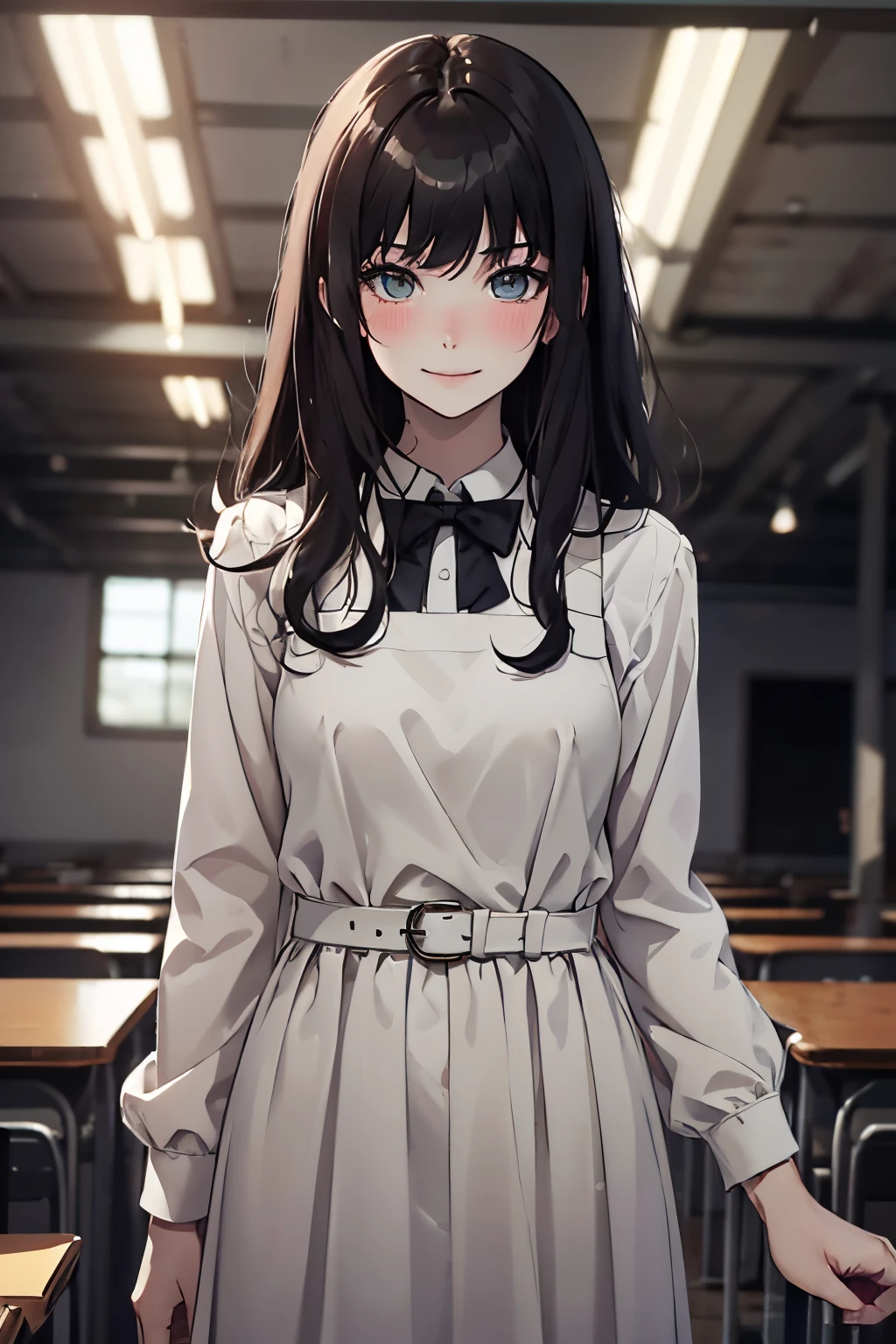 ((masterpiece,best quality)), highres, extremely detailed 8K wallpaper, depth_of_field, best shadow, (Colorful),(Delicate eyes and face), Perfect hands, (ambient soft lighting), Ray tracing, BREAK
(1girl), touko, long hair, black hair, gray eyes, slender, skinny, medium breasts, bangs, (full-face blush), slender, skinny, best smile, BREAK,
standing, perfect hands, BPD,((black pinafore dress)),long skirt,red bowtie,belt, BREAK,
Cowboy Shots and knee, school, classroom, (((night time))), ((dark backgrounds:1.3)),