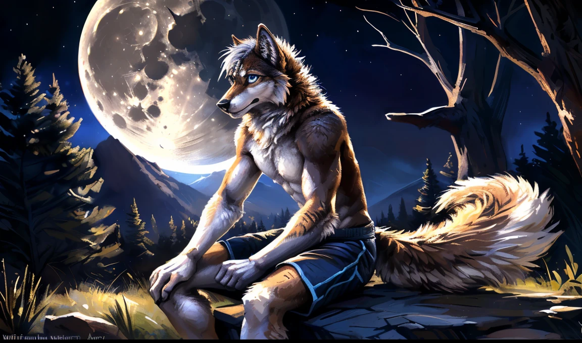 ((Solo)), male people, anthro wolf, (Multi-colored fur, White-brown:1.3, White tail pointed), (Height 2.3 meters,Tail length 1.2m), ((Wolf face, White hair, Big eyes, White eyelids, Blue pupil, Slim:1.2) (Tough, Calm expression:1.2)), Abs, Slim, pinging)), (Correct body anatomy), (Work shorts:1.1), The upper body is naked, (detailed outfits),A long big tail,Feet,Long legs,(Realistic fur, Detailed fur texture, labeled:1.3)), (Natural lighting), Photorealistic, Hyperrealistic, ultradetailed, by Kenket,the night,Sit alone,Forest,Look at the full moon,It was dark,Starry
