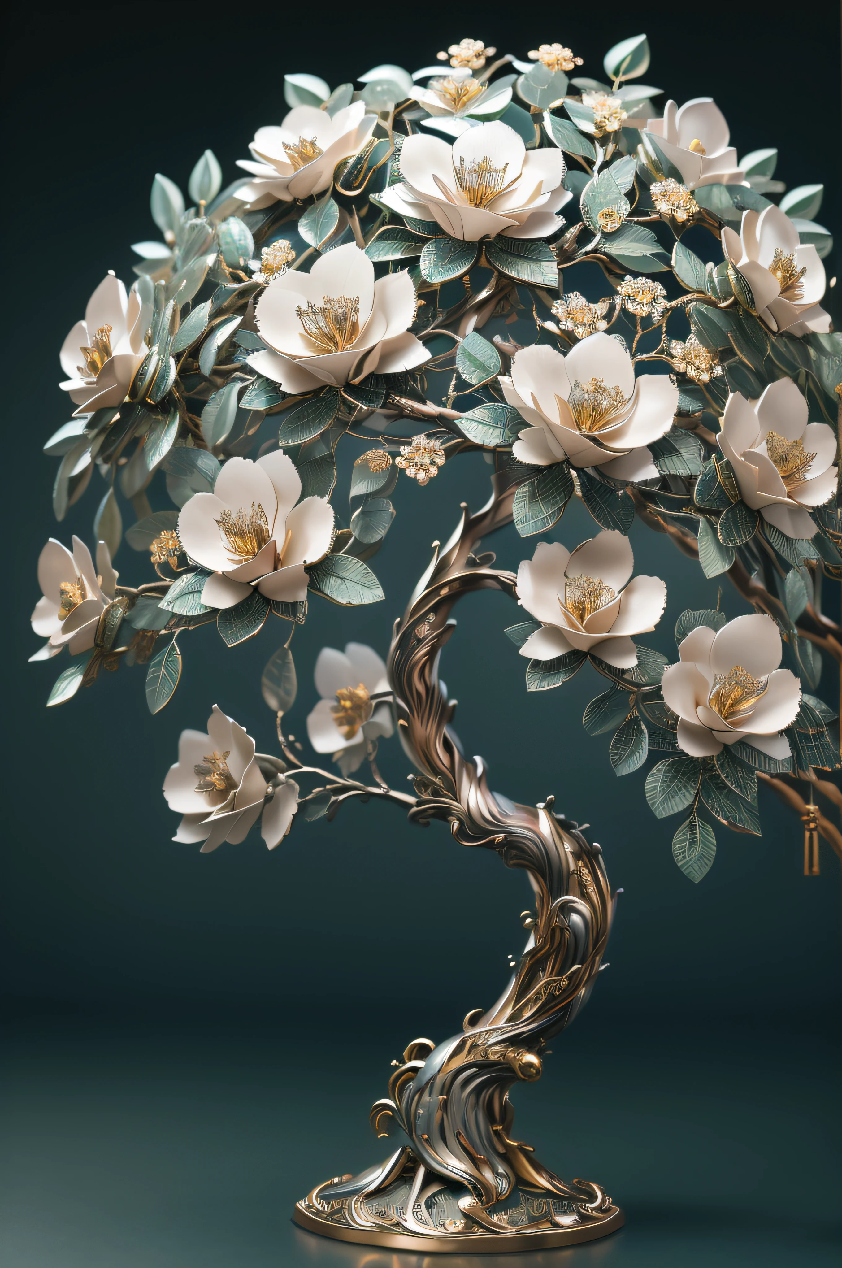 best quality, 8k, masterpiece: 1.2, ultra-detailed, realistic:  Metalic tree with metal flowers (bright petals, delicate craftsmanship, detailed engravings, shimmering reflections, pastel color).