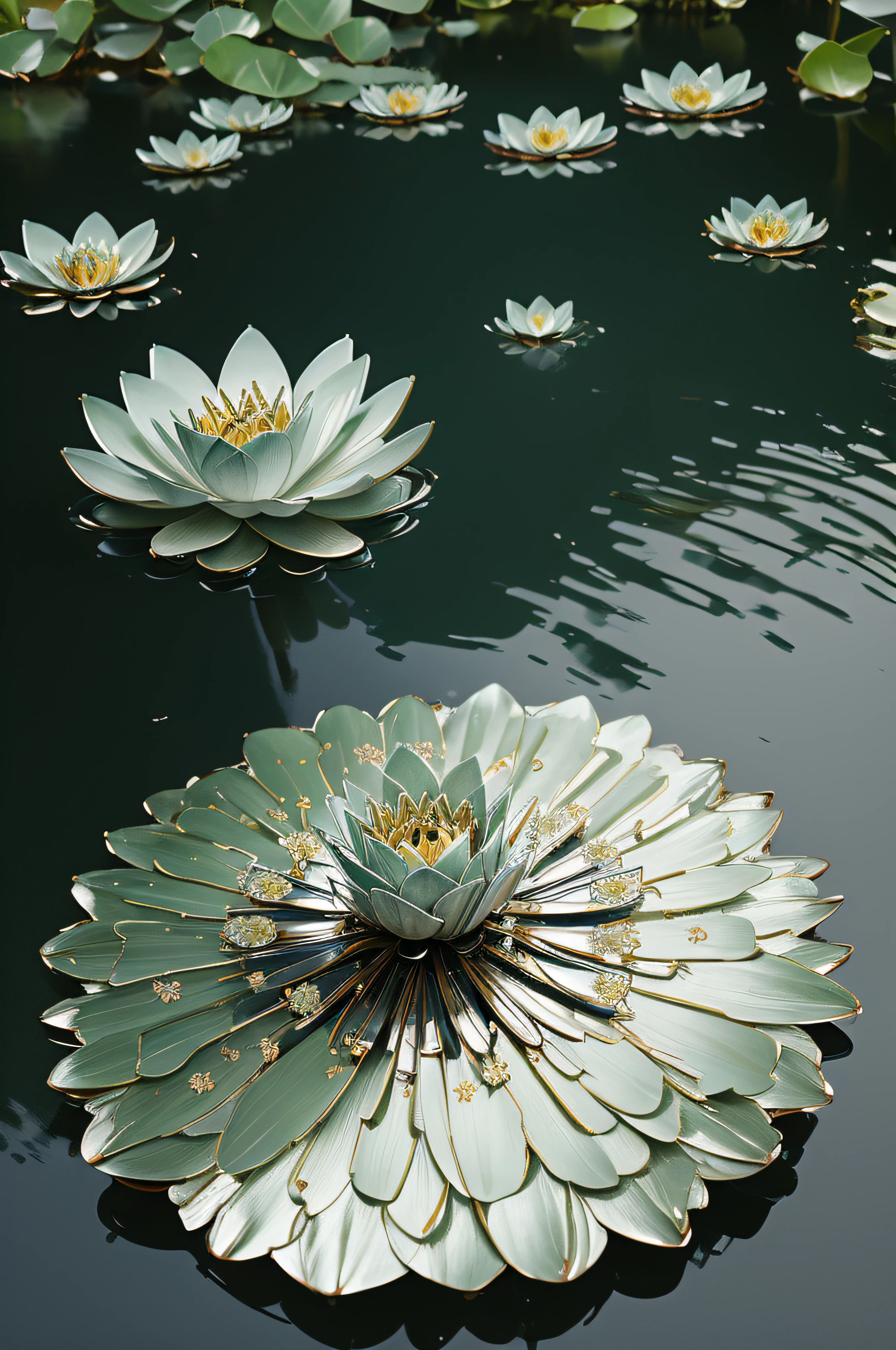 Best Quality, 8k, Masterpiece: 1.2, Ultra-Detailed, Realistic:  Metal Water Lily Flowers (Shiny Petals, Delicate Crafts, Detailed Engravings, Shimmering Reflections).