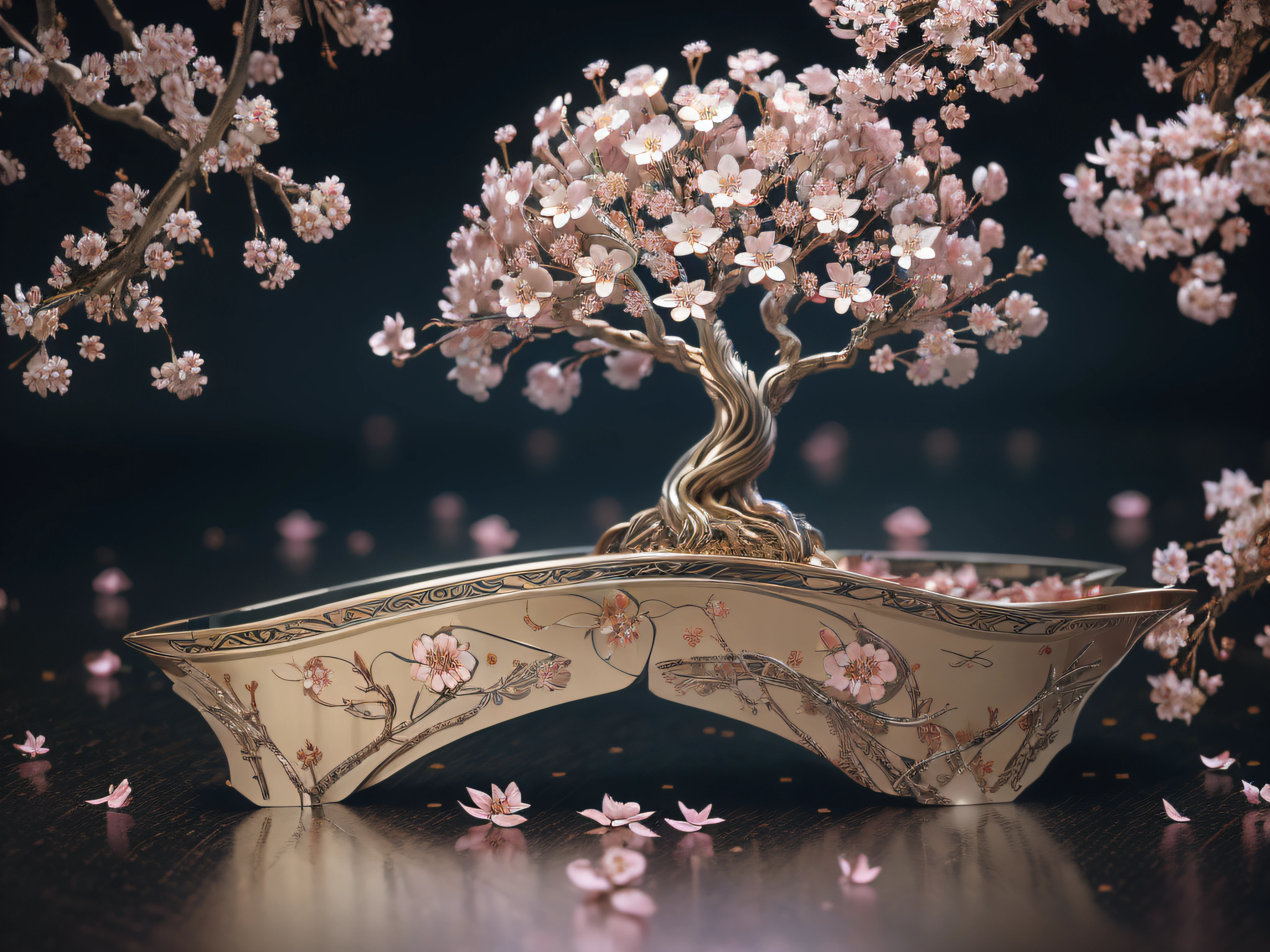best quality, 8k, masterpiece: 1.2, ultra-detailed, realistic: metalic tree (Japanese cherry) metal flowers (shiny petals, delicate craftsmanship, detailed engravings, shimmering reflections).