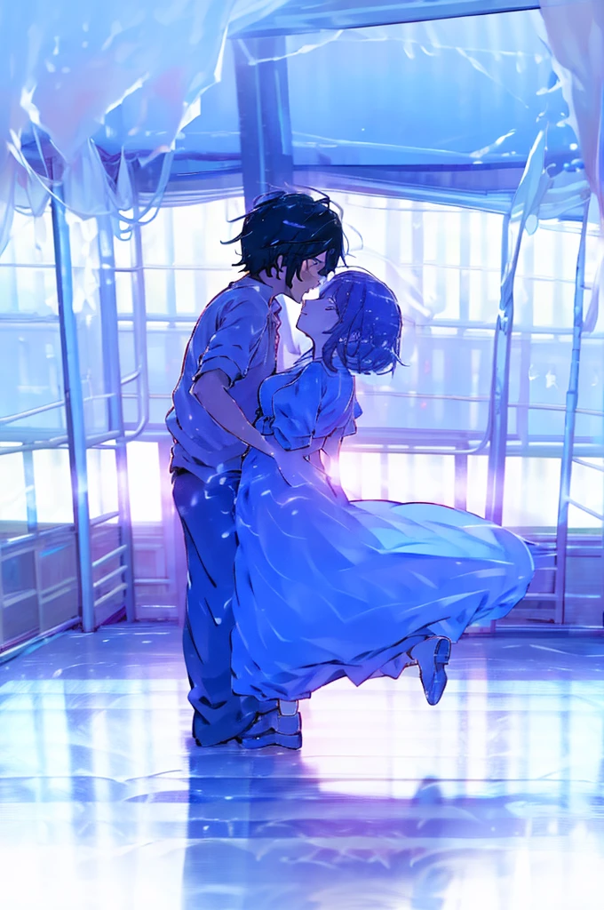 (masterpiece), best quality, expressive eyes, perfect face, A boy and a girl are danceing in the Rain, Romantic, Cute,