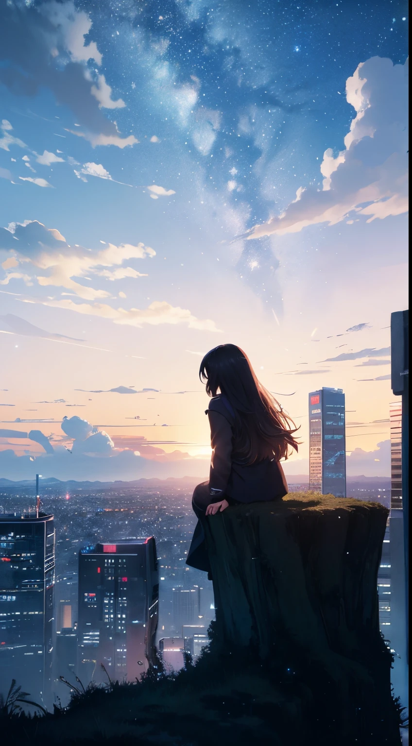 octans, sky, star (sky), scenery, starry sky, night, 1girl, night sky, solo, outdoors, building, cloud, milky way, sitting, tree, long hair, city, silhouette, cityscape