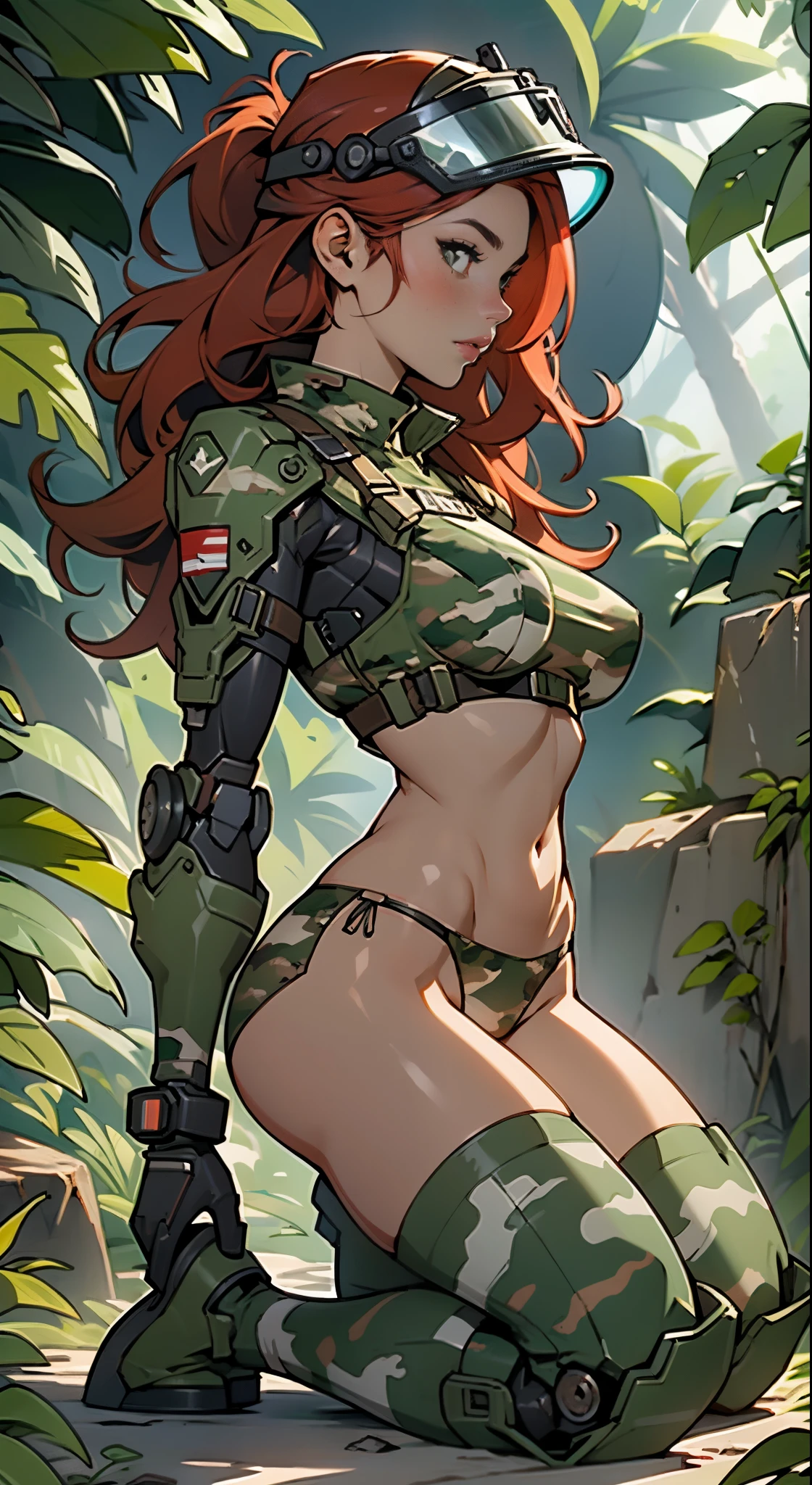 1woman 20 years old, max resolution, sculpted, military, wearing a soldier helmet, beautiful, perfect body, red hair, perfect body, thin waist, wide hips, large breasts, slim thighs, jungle background, armored vehicle, military robot dog, camouflaged uniform, tight panties, two-piece, highly detailed, high resolution, perfect hands, side view, camo, face turned to look at the viewer, kneeling