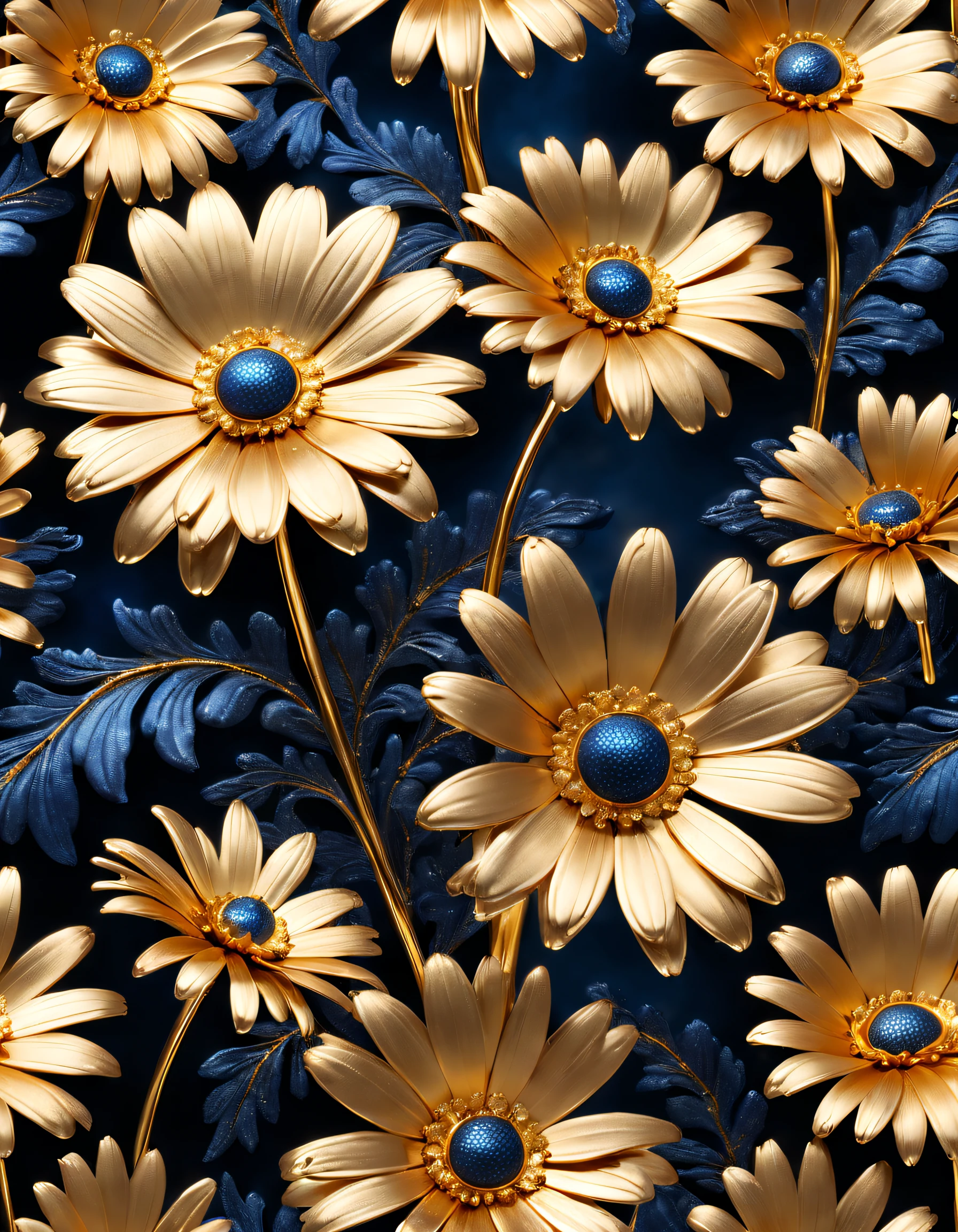 (Gold and blue daisies made of titanium，There are crystal clear dewdrops on it）, Each metallic daisy flower has cascading petals， (The petals are covered with crystal clear dewdrops：1.37），gold and blue，Rich metallic texture，they are dark blue，Like the night sky and the deep sea，Has an attractive metallic luster，leaves made of black gold，The edges of the petals are brushed metal, 
 golden daisy, flowers and gold, Gorgeous flowers,intricate flowers, Messy golden leaf flowers, 16k,Rococo elements, Capturing light and shadow，Give people a tenacious and unyielding spirit， 
 Background with：A desert，