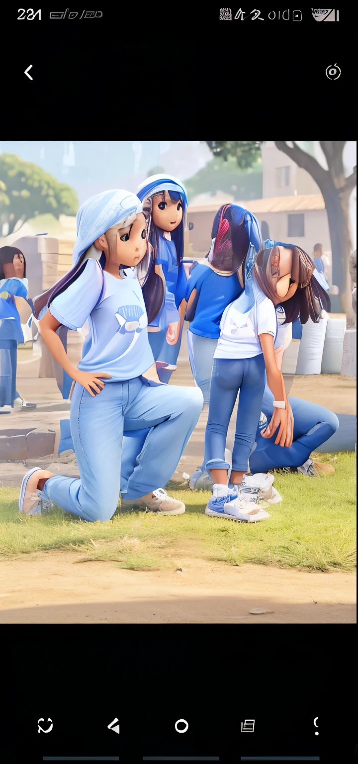 Four girls,friends,tshirts blue trousrs,long hsirs,styles