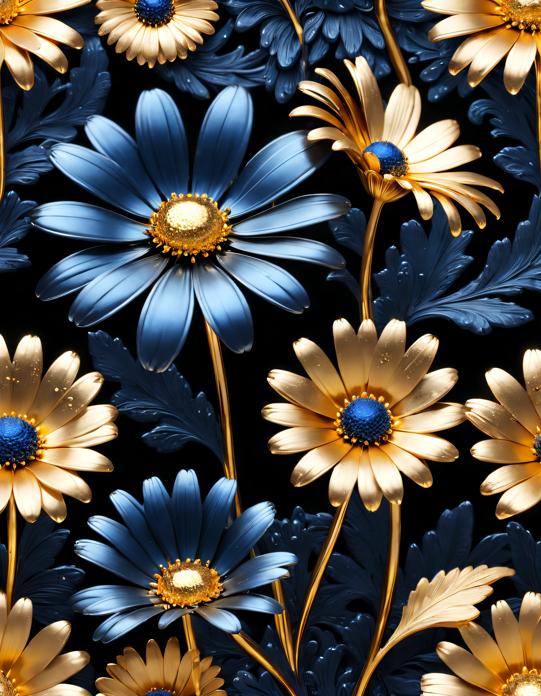 (Gold and blue daisies made of titanium，There are crystal clear dewdrops on it）, Each metallic daisy flower has cascading petals， (The petals are covered with crystal clear dewdrops：1.37），gold and blue，Rich metallic texture，they are dark blue，Like the night sky and the deep sea，Has an attractive metallic luster，leaves made of black gold，The edges of the petals are brushed metal, 
 golden daisy, flowers and gold, Gorgeous flowers,intricate flowers, Messy golden leaf flowers, 16k,Rococo elements, Capturing light and shadow，Give people a tenacious and unyielding spirit， 
 Background with：A desert，