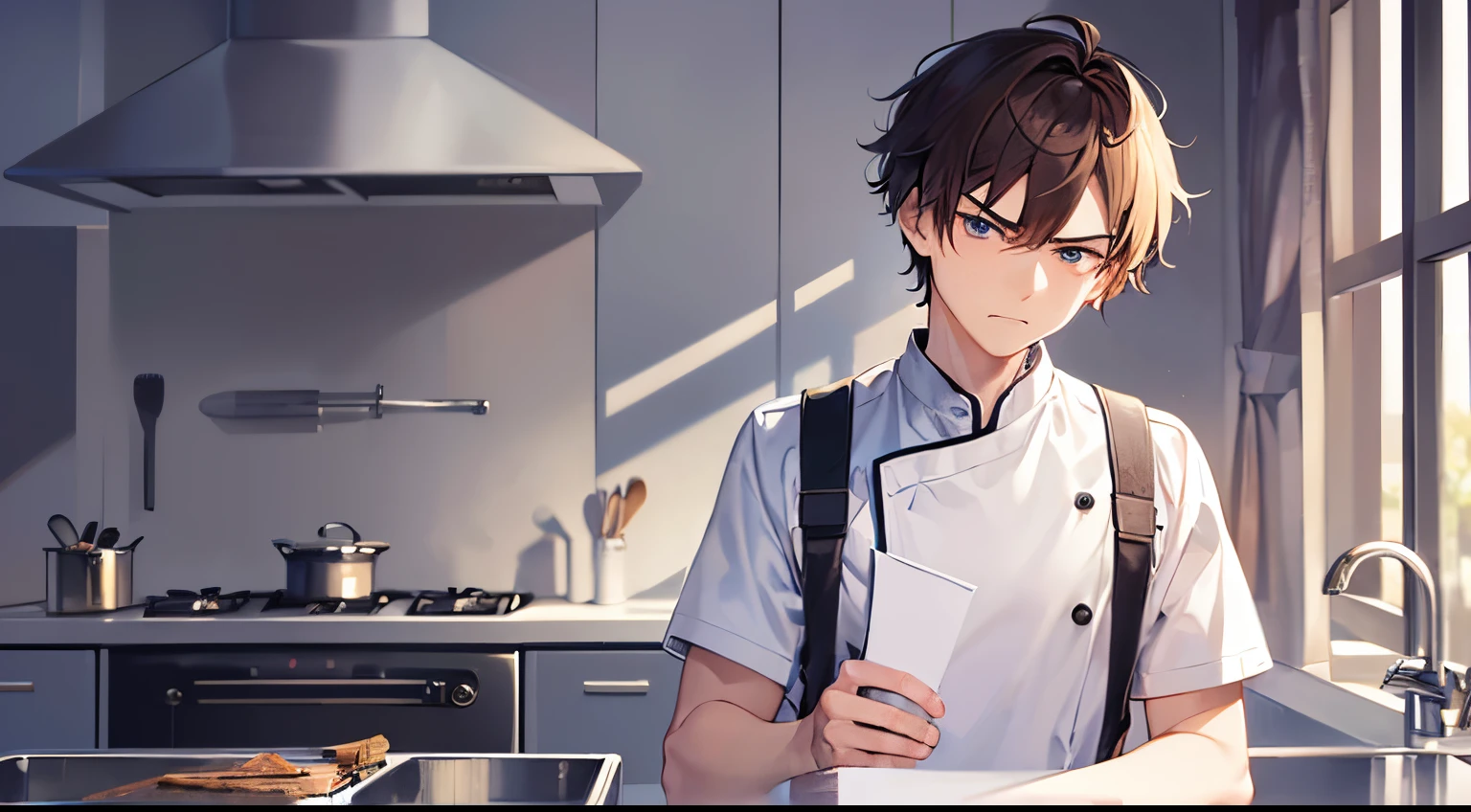 masterpiece、hightquality、25 year old man with short brown hair and blue eyes、Like a cartoon in Japan、wearing a white chef's uniform、holding a letter in hand、(Alone:1.5)、(sullen look:1.5)、(Only the upper body is shown.:1.3)、The background is the kitchen、Bold composition、