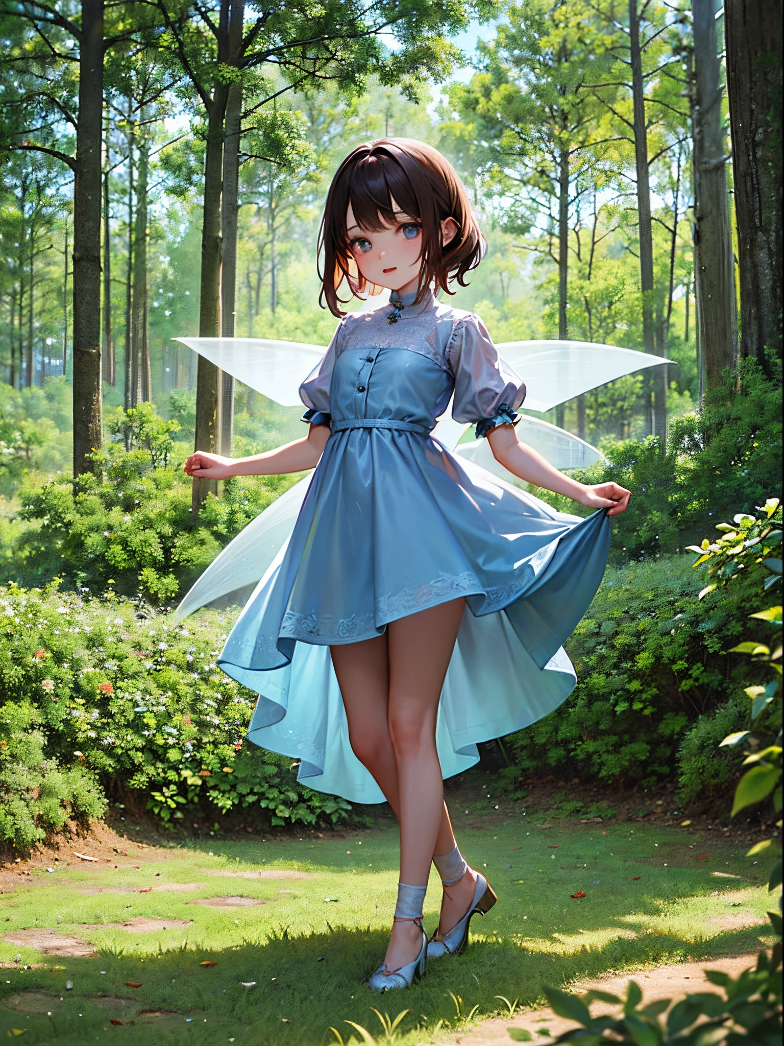 (Absurd, High Quality, 8K, Ultra HD, Full Body,), (, Height 50cm), She is wearing a short-sleeved white dress with pockets, she is about 13 years olful, transparent fairy wings, fairy tale,reddish-brown hair and green eyes, slightly slender, for picture books, fantasy, sparkling and vivid, all Esbian, in a quiet forest nature, art: Alberto Seveso, abstract art style , Intricate and Detailed Watercolors, Digital Paintings, Concept Art, 3D Lighting, Tanvirtamim, Metallic Reflections, 2D Rendering, Artgerm, ArtStat Trends