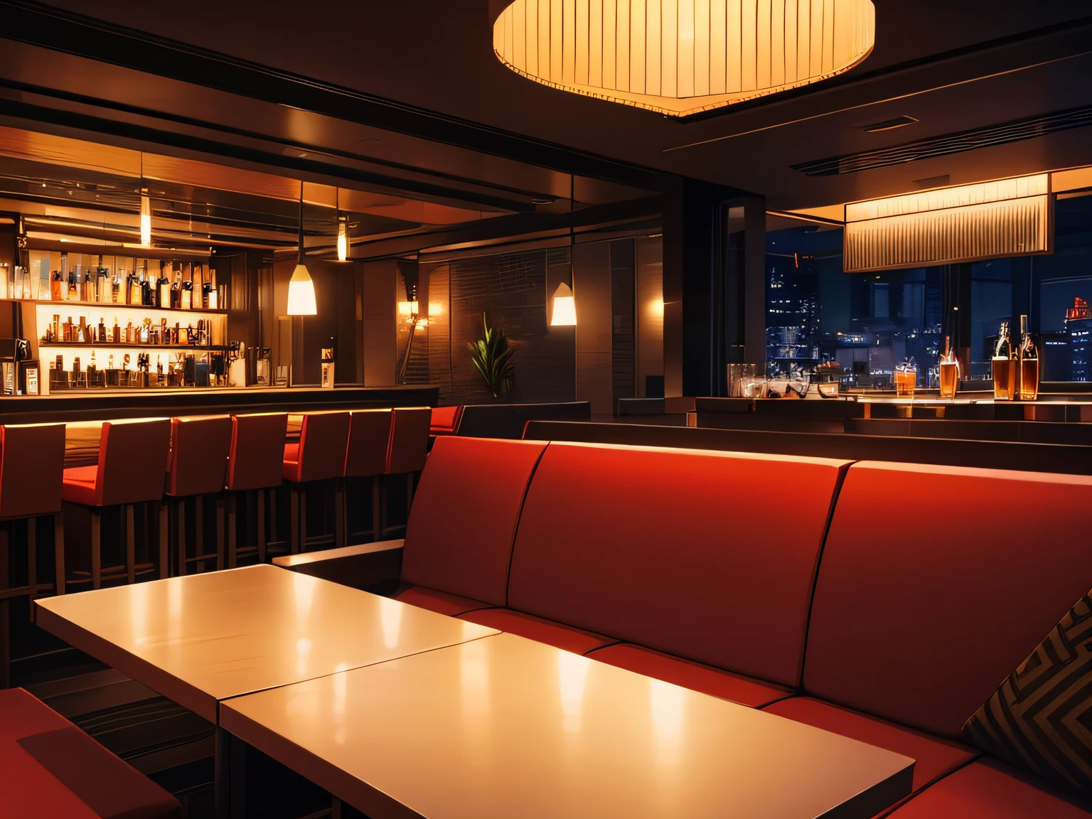 Best Quality I'm sitting in a box seat inside a stylish bar in the near future. looking at the entrance calm atmosphere Warm lighting The dim Moody Night Box seats low-saturation natta table and sofa