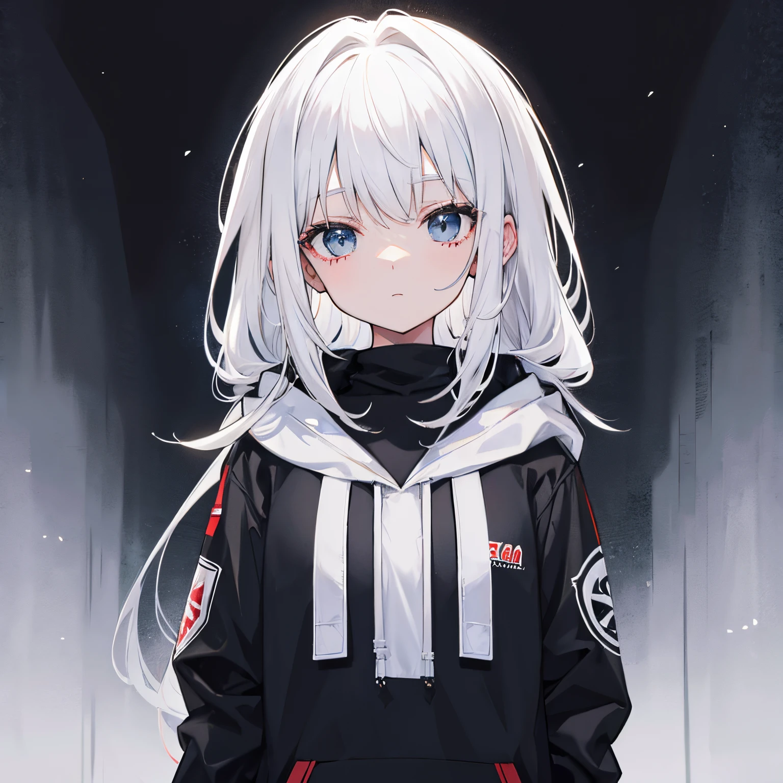white hair、Black hoodie