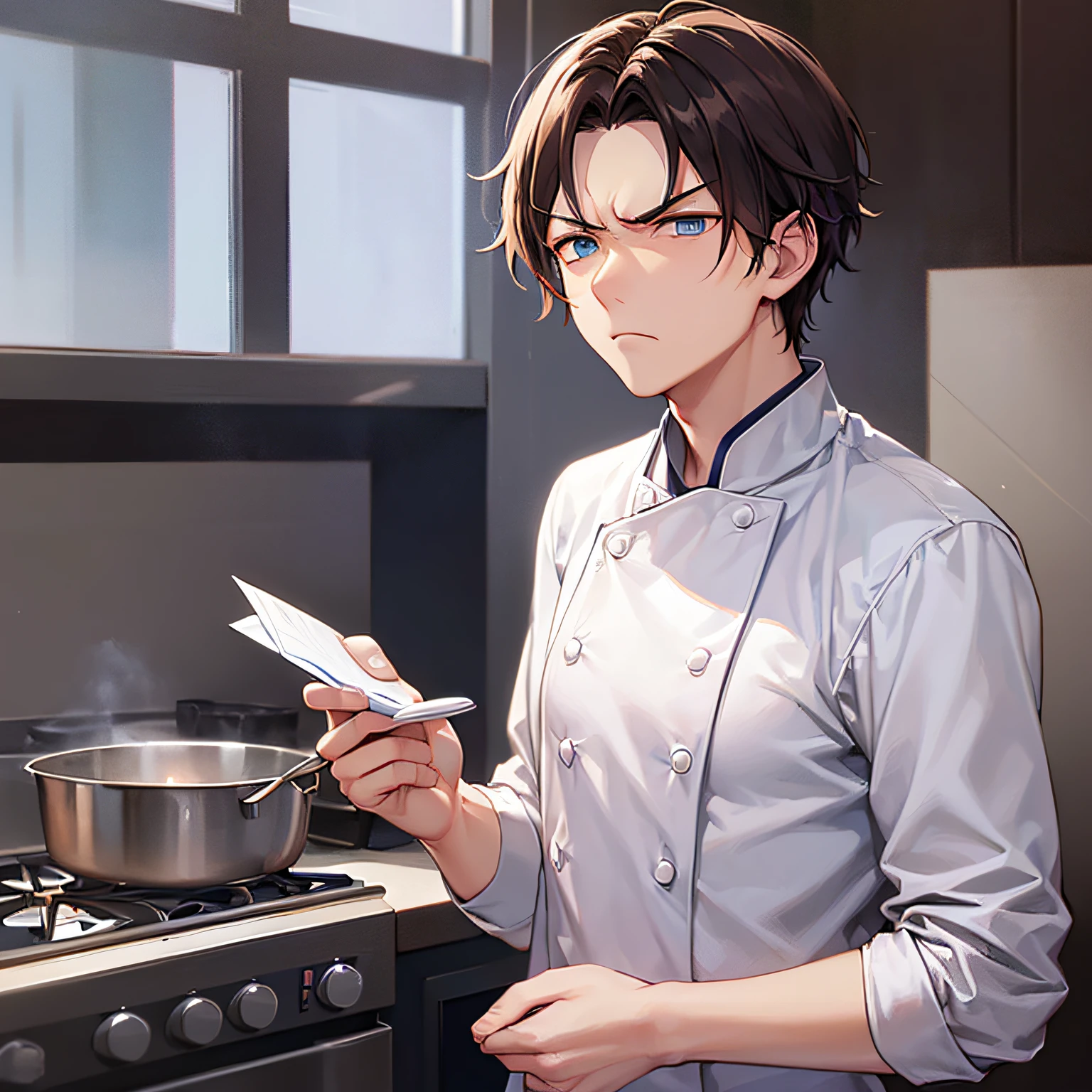 masterpiece、hightquality、25 year old man with short brown hair and blue eyes、Like a cartoon in Japan、wearing a white chef's uniform、holding a letter in hand、(Alone:1.5)、(sullen look:1.5)、(Only the upper body is shown.:1.3)、The background is the kitchen、Bold composition、