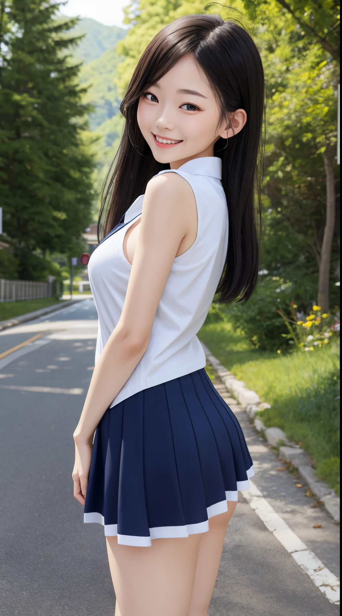 top-quality、4K picture quality、realistic touch,、Photorealistic style、high-detail、photoRealstic、big eye、lean and slender body、huge tit、wearing clothes that are too small、Strong eyelashes、A sexy、full body Esbian、Flushed cheeks、Kamimei、thin-waist、Voluptuous thighs、Enraptured look、Country road side、 in sailor suit、sleeveless、Tall、Her skirt is too short and her butt is visible.、long slender legs、Thin long eyebrows、Sensational attire、 I can see your breasts from the side、clothes with wide open sides、sexy pose、see-through short skirt、big butts、Light hair、random hairstyle、huge smile、Wearing loafers