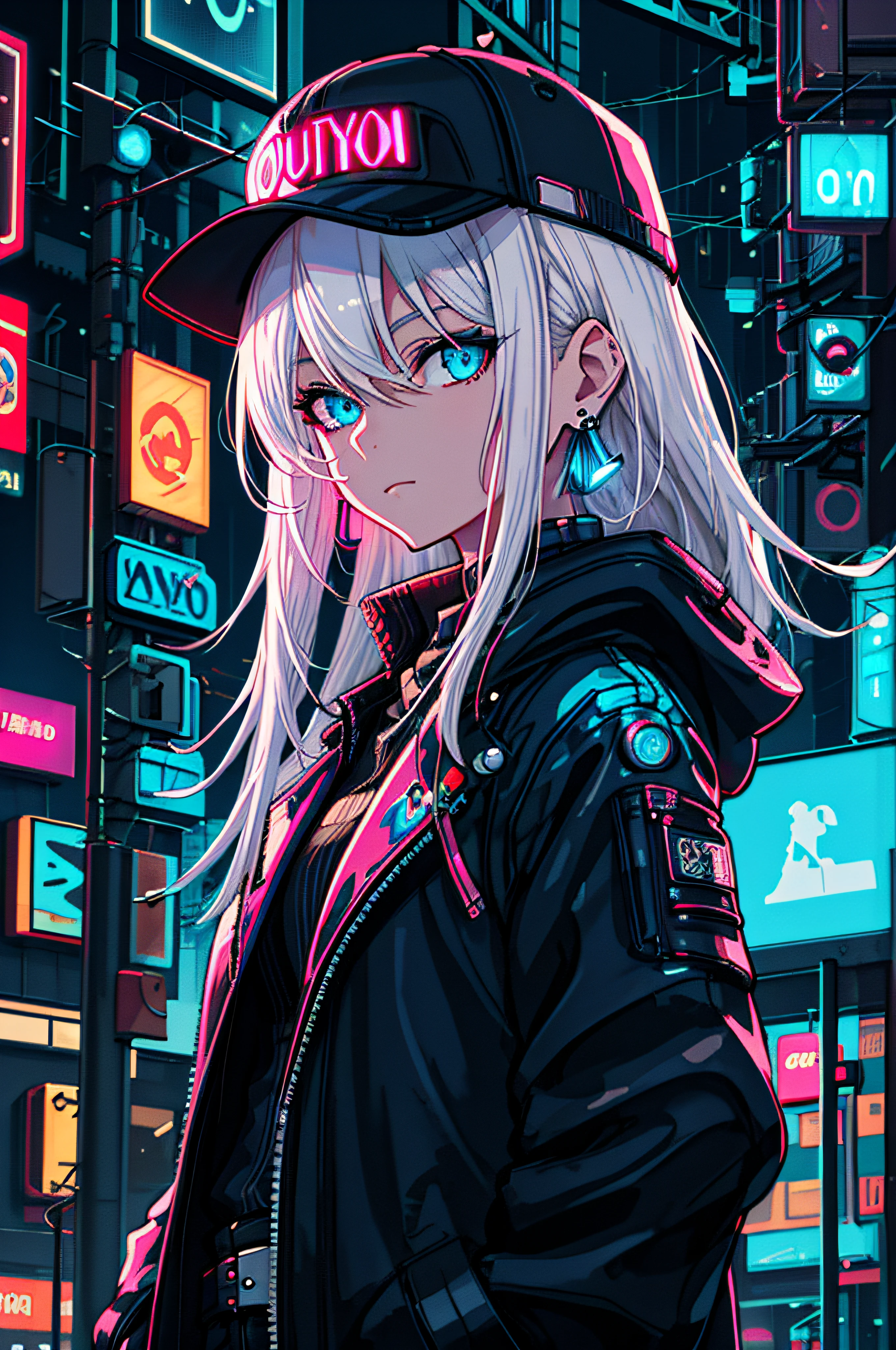 1 girl, Solo, Colorful, Blue eyes, Cyberpunk, Cityscape, moon background, piece sign, earrings, White hair, hat, Neon sign, Beautiful lights, Character Focus, CG Illustration, bustshot, White collar jacket, 8K resolution, Very detailed, Anatomically correct, Digital Painting, Concept art, Clear picture,