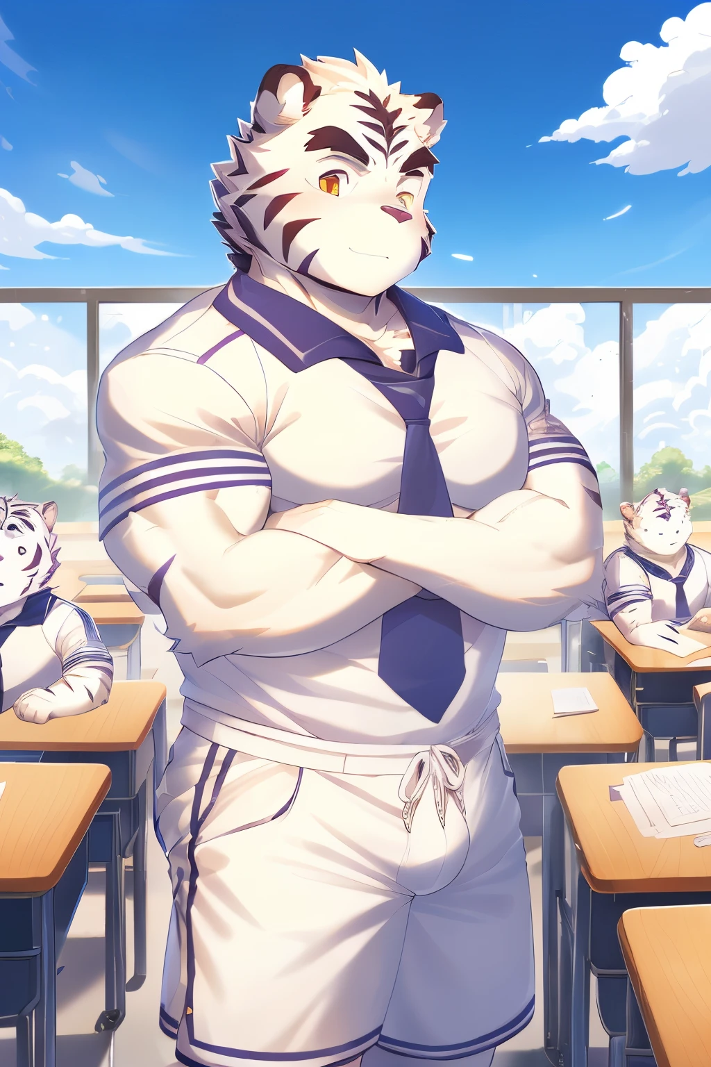 Hominidae, Photo pose. 4K, A high resolution, Best quality at best, posted on e621, (Two anthropomorphic white tigers:1.2), male people, 20yr old, Thick eyebrows, White fur, extra very short hair, shaggy, Strong body, large pecs, ((White student uniform)), they have class together, Golden pupils, White skinny shorts, medium bulge, in class room,  (sport, musculous, Heavyweight:1.2), Correct anatomy, (author：Chunni, author：Taran Fidler:0.8), (詳細な目:1.2), sexy for, (Cartoon shading:1.2), Cartoon shading, serious expressions, face flushed, (view the viewer:1.2)