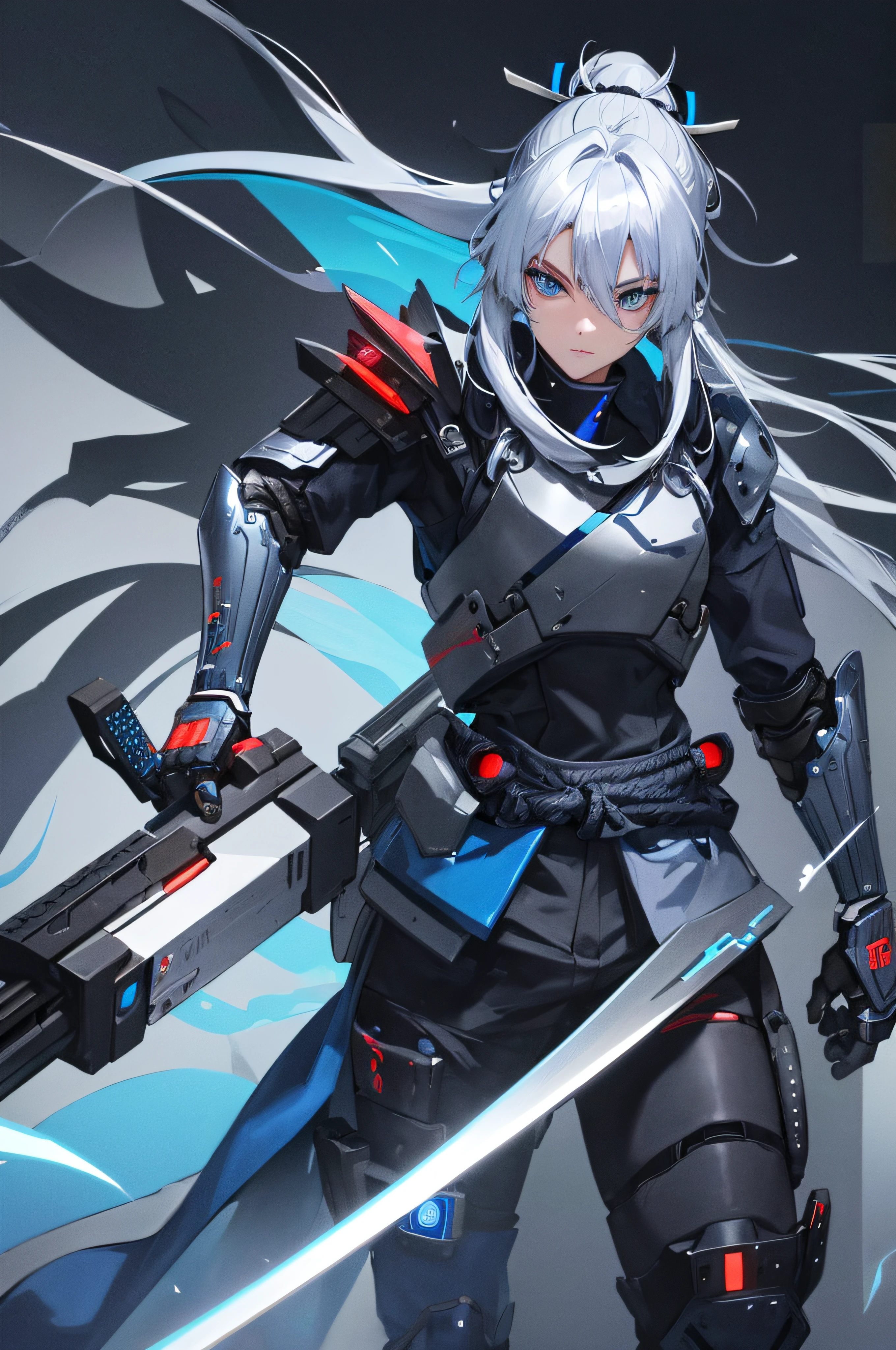 Cute , , silver hair with blue accent , Blue eyes, Samurai Mask , Katana in right hand , futuristic gun in left hand , cyborgs , nightcity