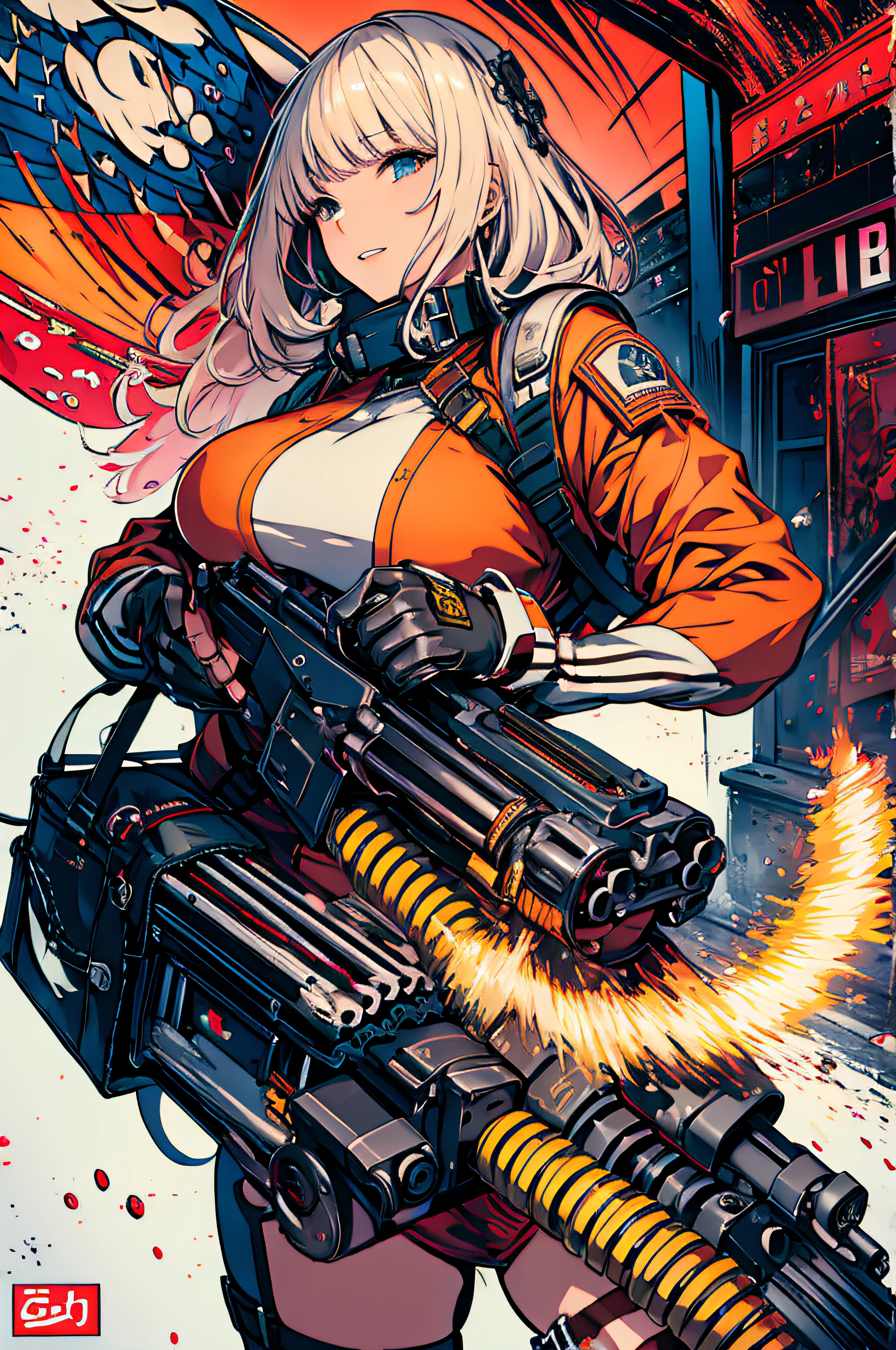 masterpiece, top quality, best quality, official art, beautiful and aesthetic,
1girl,gatling gun, shell casing, looking at viewer, bangs, ammunition belt, gloves,breasts,firing,
extreme detailed,highest detailed, optical mixing, playful patterns, lively texture, unique visual effect,