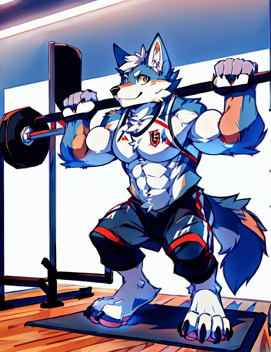 Human-wolf,musculous,Full Body Furry,paws with claws,pass upright,Working out in a gym(Correct structure of sports equipment)