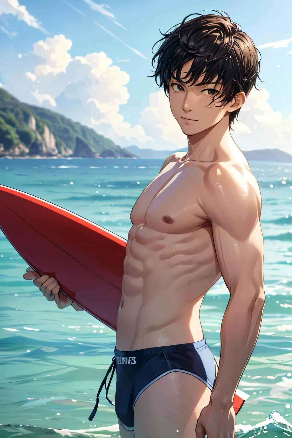 (absurdress, hight resolution, Ultra Detailed, HDR), Masterpiece, Best Quality, Boy playing on a surfboard in the sea, 独奏, a handsome, Short hair, black hair, finely eye and detailed face, white pale skin, bare breast, swimming trunks, surf, smirk, sunny skies and cloudy, full body view, from side, At the back, look at the viewer