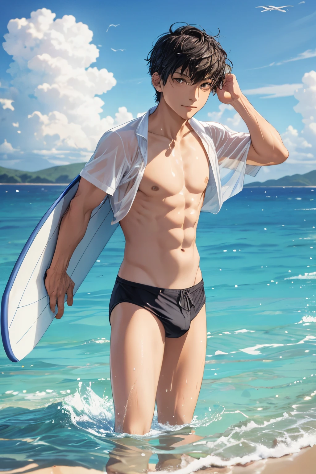 (absurdress, hight resolution, Ultra Detailed, HDR), Masterpiece, Best Quality, Boy playing on a surfboard in the sea, 独奏, a handsome, Short hair, black hair, finely eye and detailed face, white pale skin, bare breast, swimming trunks, surf, smirk, sunny skies and cloudy, full body view, from side, At the back, look at the viewer