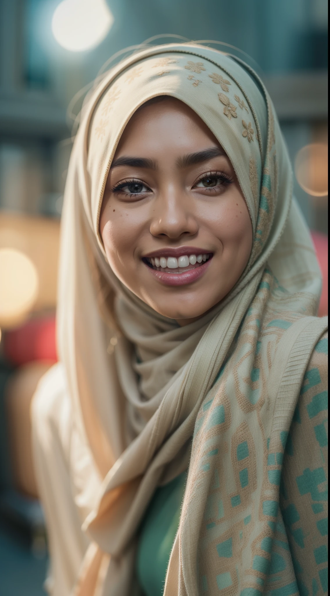 Malay girl in hijab, naked, squatting in city street, front view, detail skin, detail skin texture, mole below eyes, small breast, big hip, big waist, big thigh, slim abs, beautiful body, evening, laughing, happy, bright lighting, blur background, bokeh, Super 8mm lense, Extreme close-up, deep focus cinematography effect, Natural Lighting, pastel color grading, high quality, ultra detail, 8k resolution