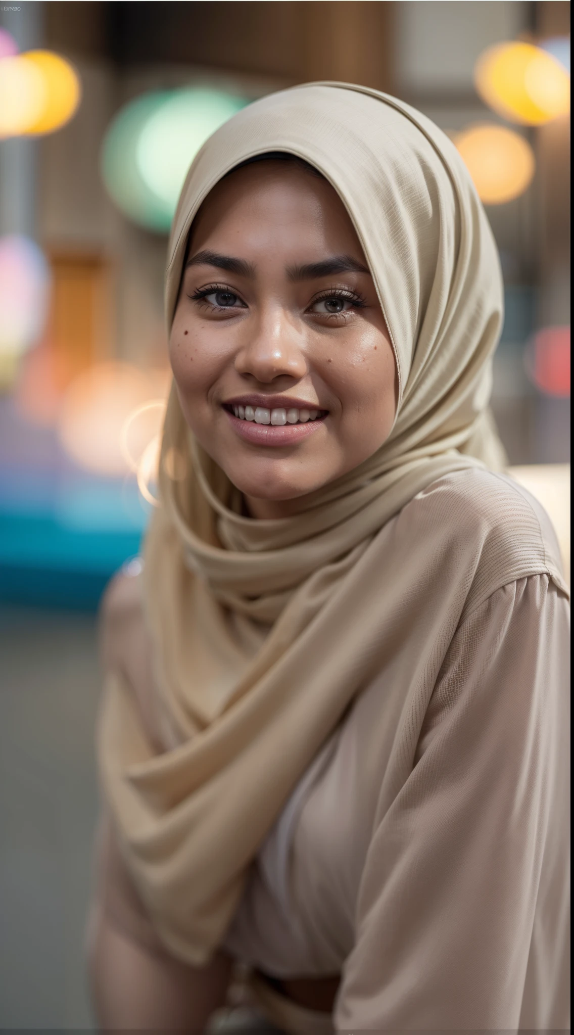 Malay girl in hijab, naked, squatting in city street, front view, detail skin, detail skin texture, mole below eyes, small breast, big hip, big waist, big thigh, slim abs, beautiful body, evening, laughing, happy, bright lighting, blur background, bokeh, Super 8mm lense, Extreme close-up, deep focus cinematography effect, Natural Lighting, pastel color grading, high quality, ultra detail, 8k resolution