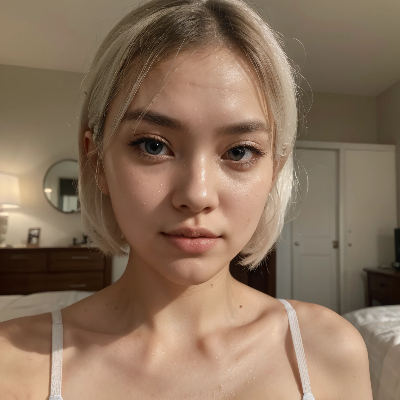 Korean,skin pores,professional lighting,bedroom,lingerie,round face,matured,18 years old,cinematic scene,makeup,looking at viewer,high quality skin,full body,8k resolution,cute matured korean face,medium breast,sweaty,long perfect face, blue eyes,double eyelid,small lips,big eyes,clear skin,perfect skin,white hair