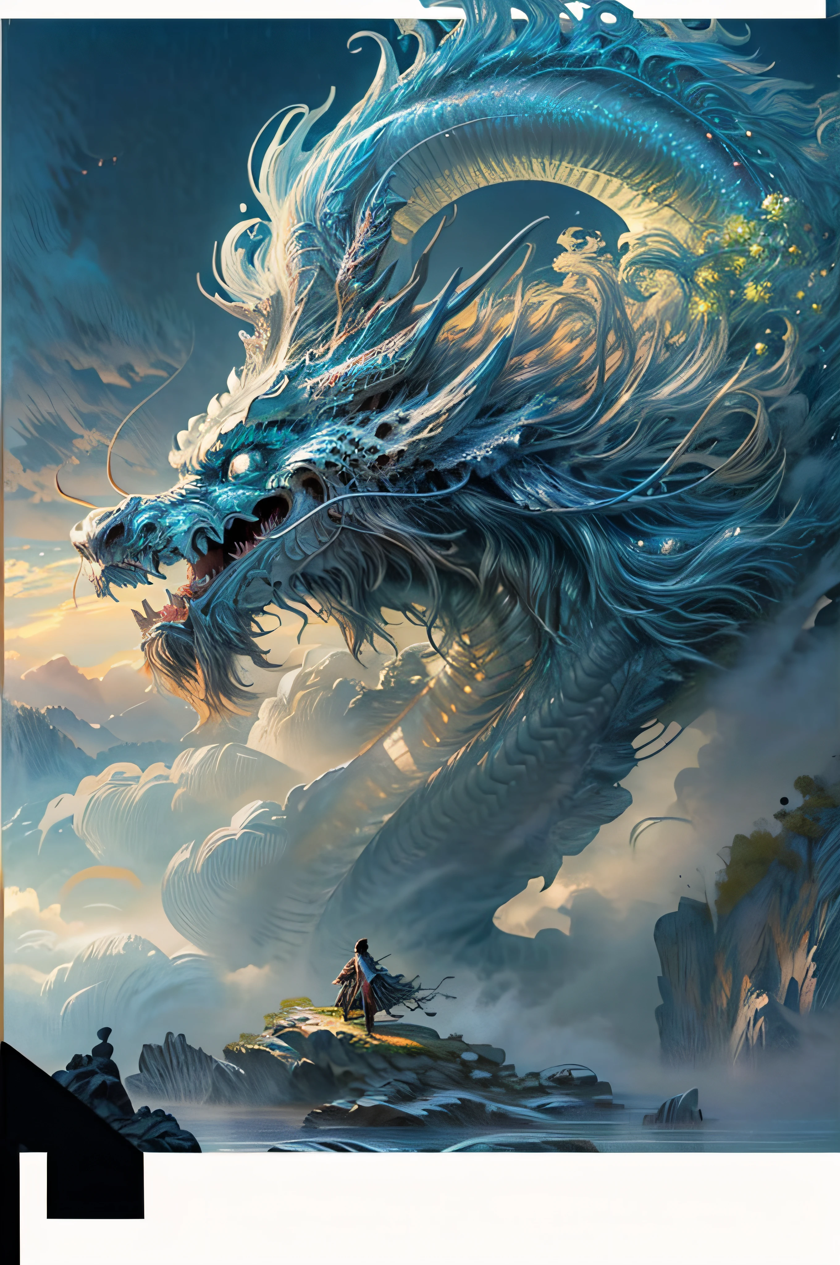 (Foto RAW, best qualityer), (realisitic, realisitic: 1.3), NVIDIA RTX Ray Tracing, octan render, high-resolution, extremely delicate and beautiful, Awesome, finely detail, Masterpiece artwork, ultra detali, highres, (best illustration), (best shade), intrikate, Handsome Chinese man with ancient long hair stands atop a mountain peak shrouded in mist, 20-year-old boy, bonitas, sem beard, a delicate facial features, wind de fada bone Dao, white for clothes, immortal, gorgeous clothing, his left hand raised above his head, wielding a luminescent green orb, standing with your back to the viewer, in front of a gigantic blue Chinese Loong, (Loong: 1.4), clouds, tempest, mountainscape, sun sunset, sharp focus, perfect compositio, absurdrez, fancy, intrikate, chic, highy detailed, volumetric mist, 8K  UHD, dslr, high qualiy, (grain of film: 1.4), Fujifilm XT3, art-station, smooth and sharp focus, circunstanciado, awarded photo, BLN-L24, exposure, hight contrast, cinematic lighthing.